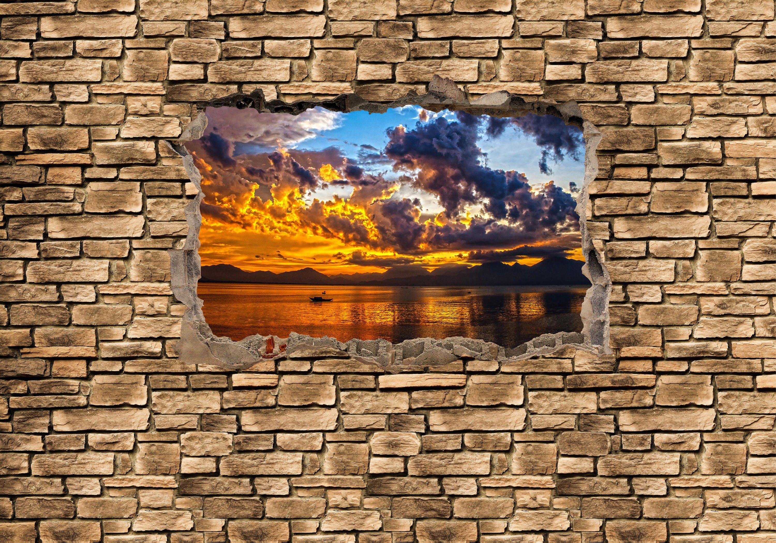 wandmotiv24 Fototapete - Steinmauer, Motivtapete, matt, 3D glatt, Vliestapete Sonnenuntergang- Optik Wandtapete