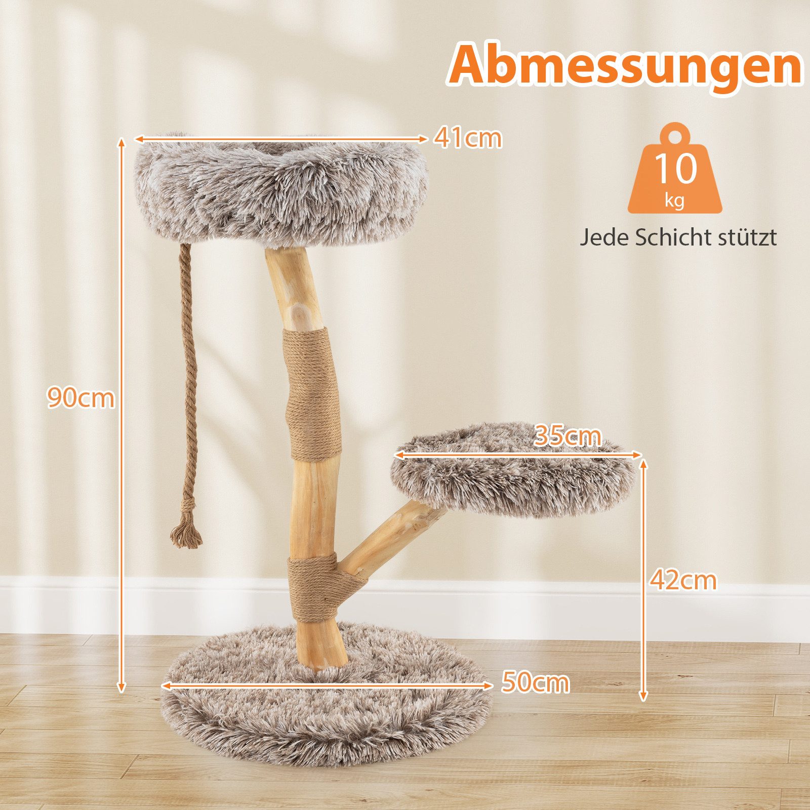 COSTWAY Kratzbaum, Katzenbaum, Massivholz Katzenmöbel, 90cm hoch