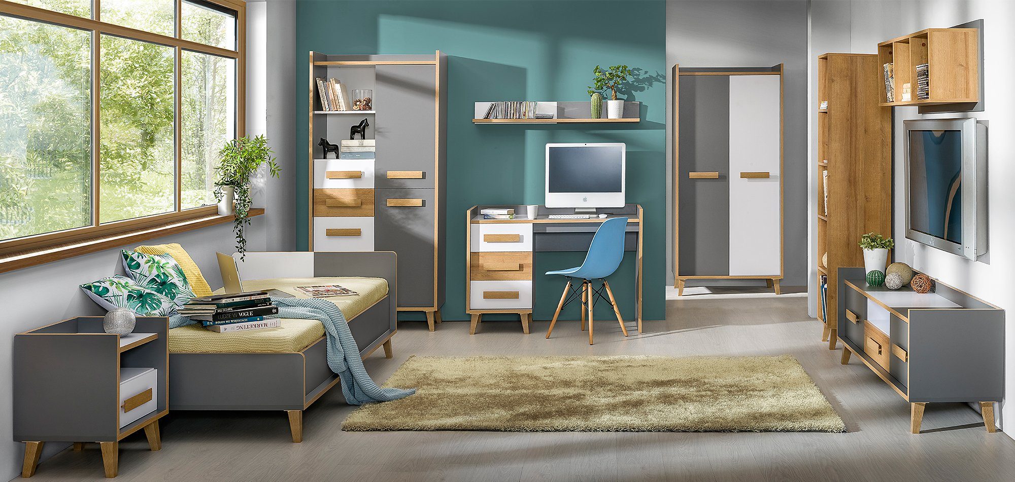 99rooms Jugendzimmer-Set Wersum Anthrazit Weiß Eicher Riviera, (Komplettset, Set (9-St), 9-teilig, Spanplatte, variabel stellbar, Modern Design, für Kinder