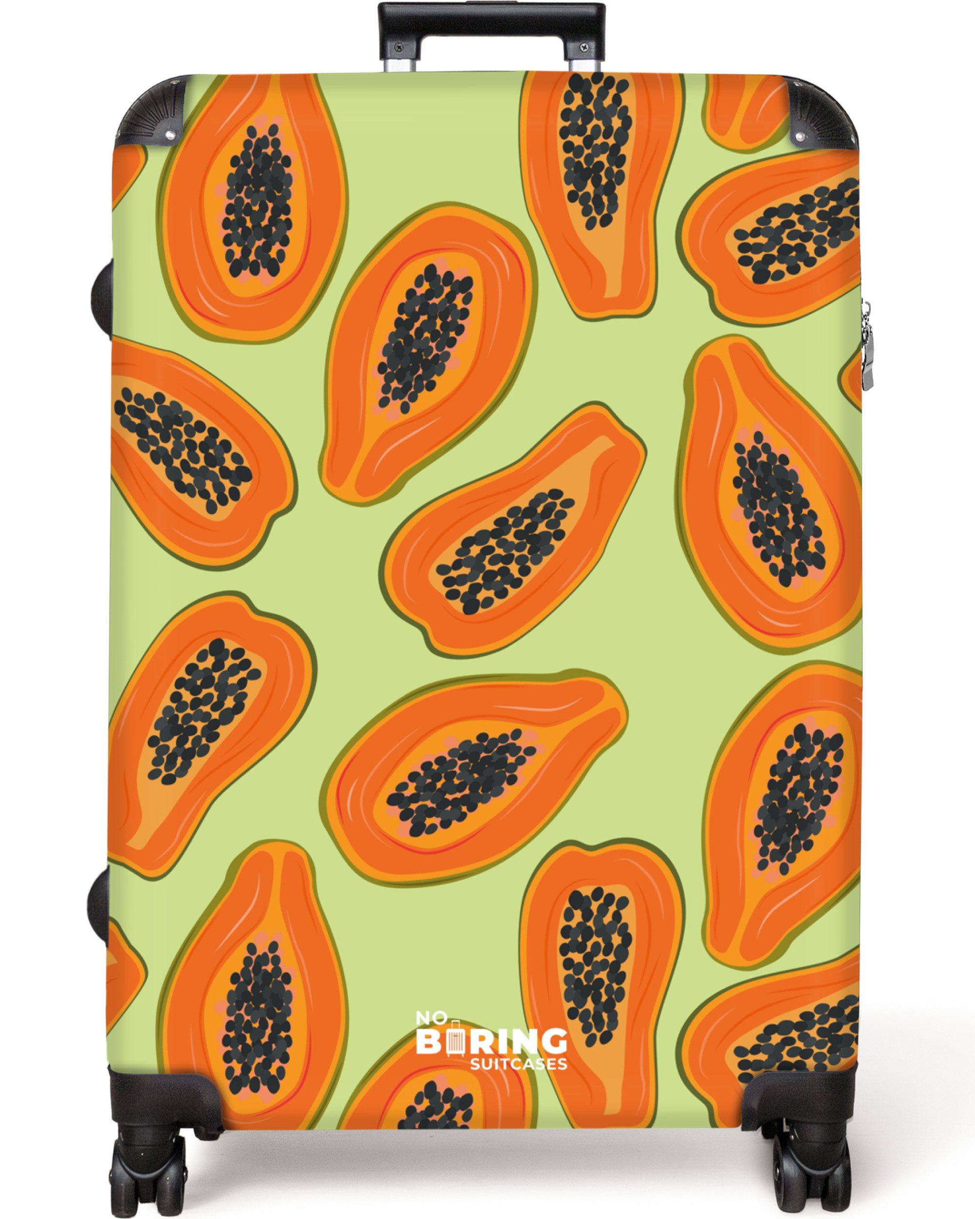 NoBoringSuitcases.com© Hartschalen-Trolley Grün mit orangefarbener Papaya günstig online kaufen