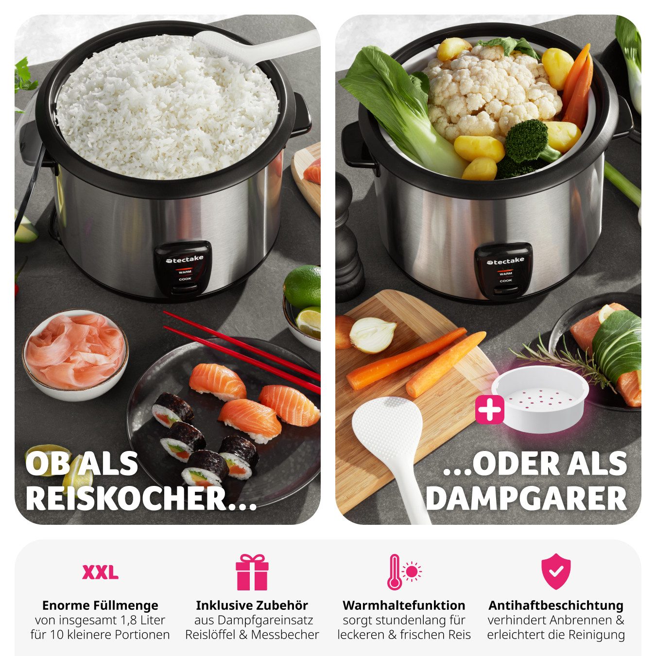 tectake Reiskocher Dampfgarer mit Dampfgareinsatz, 1,8 l, Warmhaltefunktion, 700 W, Warmhaltefunktion, hitzebeständige Griffe