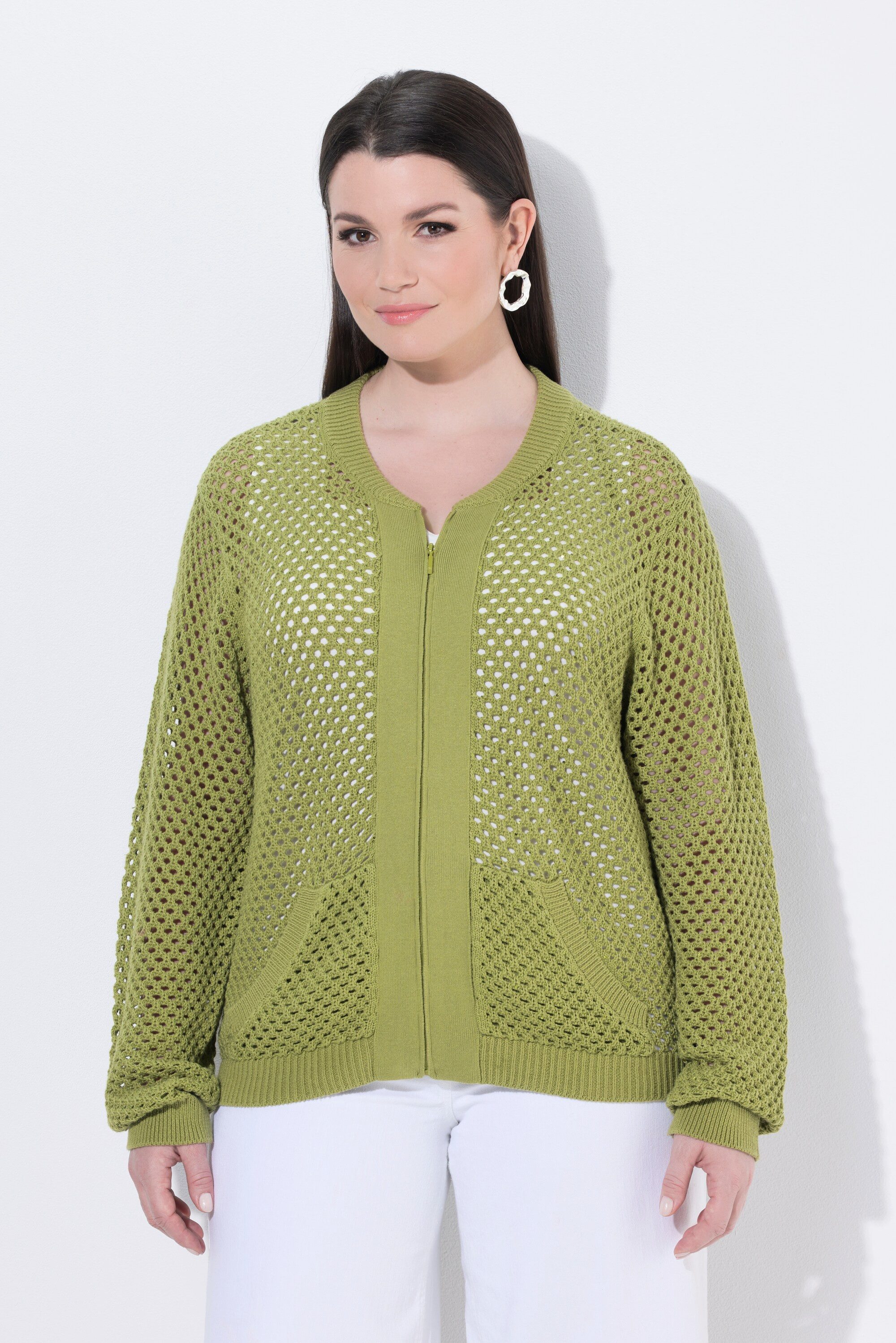 Ulla Popken Strickjacke Strick-Blouson Pailletten Collegekragen Langarm