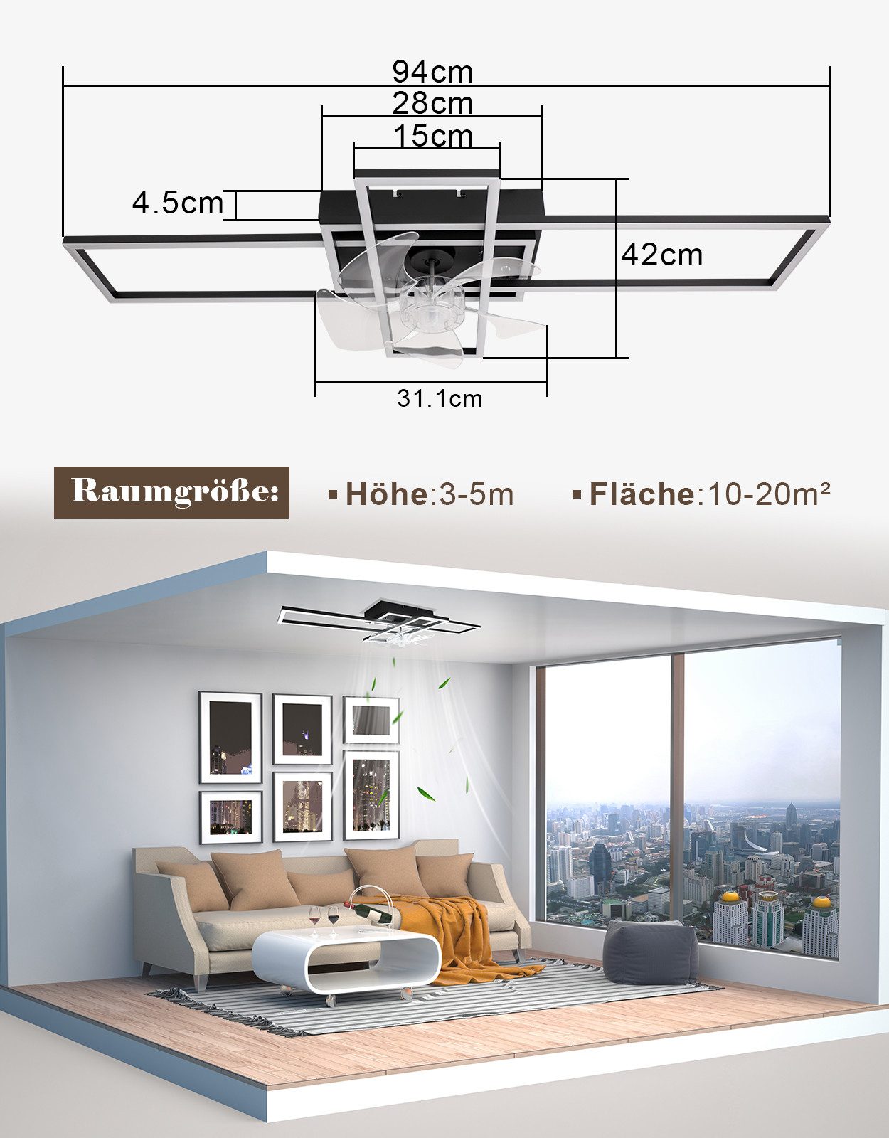 Nettlife Deckenventilator Beleuchtung Schwarz LED Deckenlampe 6 Stufen Fernbedienung leiser, Deckenventilator moder für Wohnzimmer, Esszimmer, Schlafzimmer