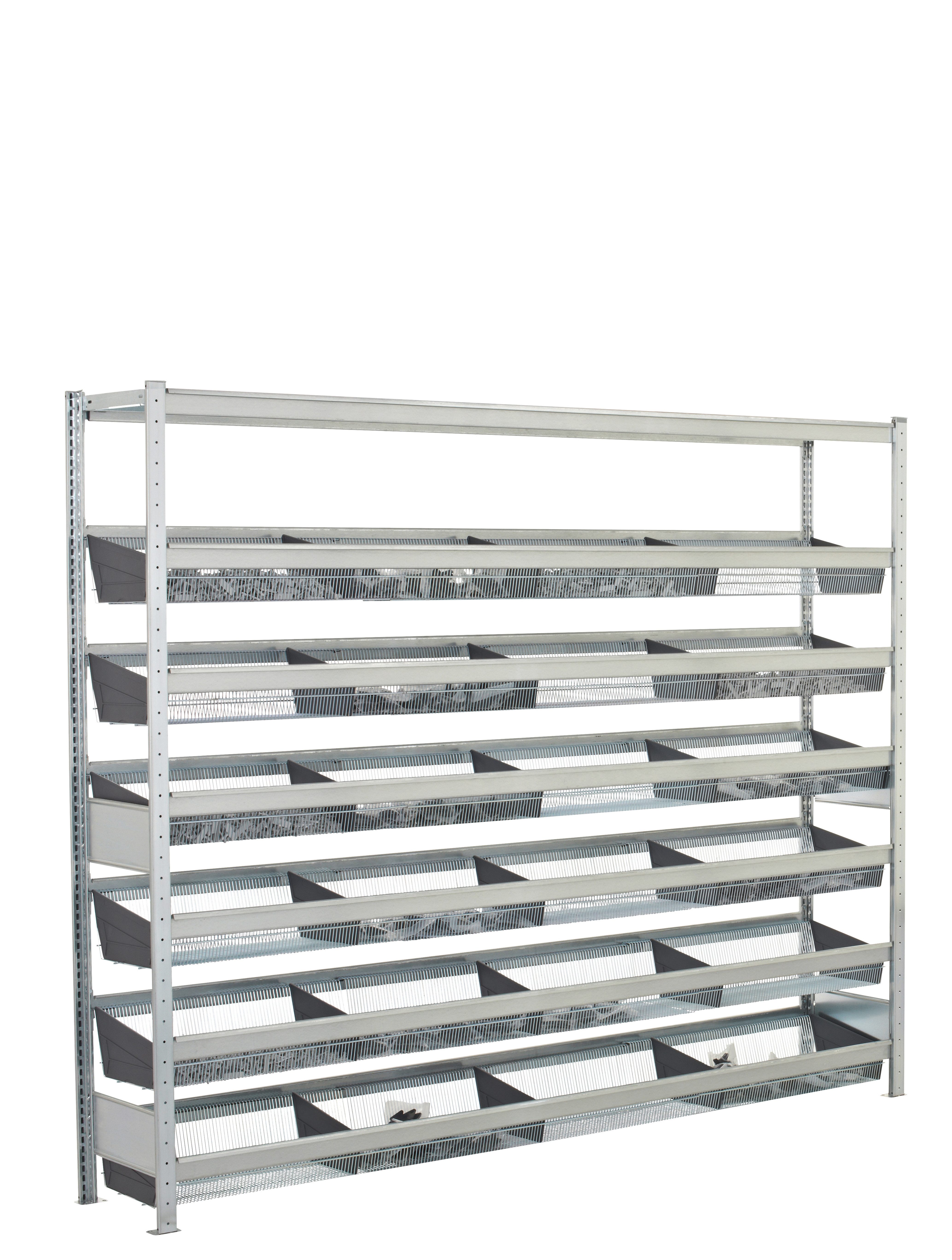 SCHULTE Lagertechnik Steckregal GR, Weitspannregal WS 2000 mit Gitterkörben 2000 x 1500 x 400 mm, 6x Gitterkörbe à 210 kg + 1x Stahlböden à 400 kg Fachlast