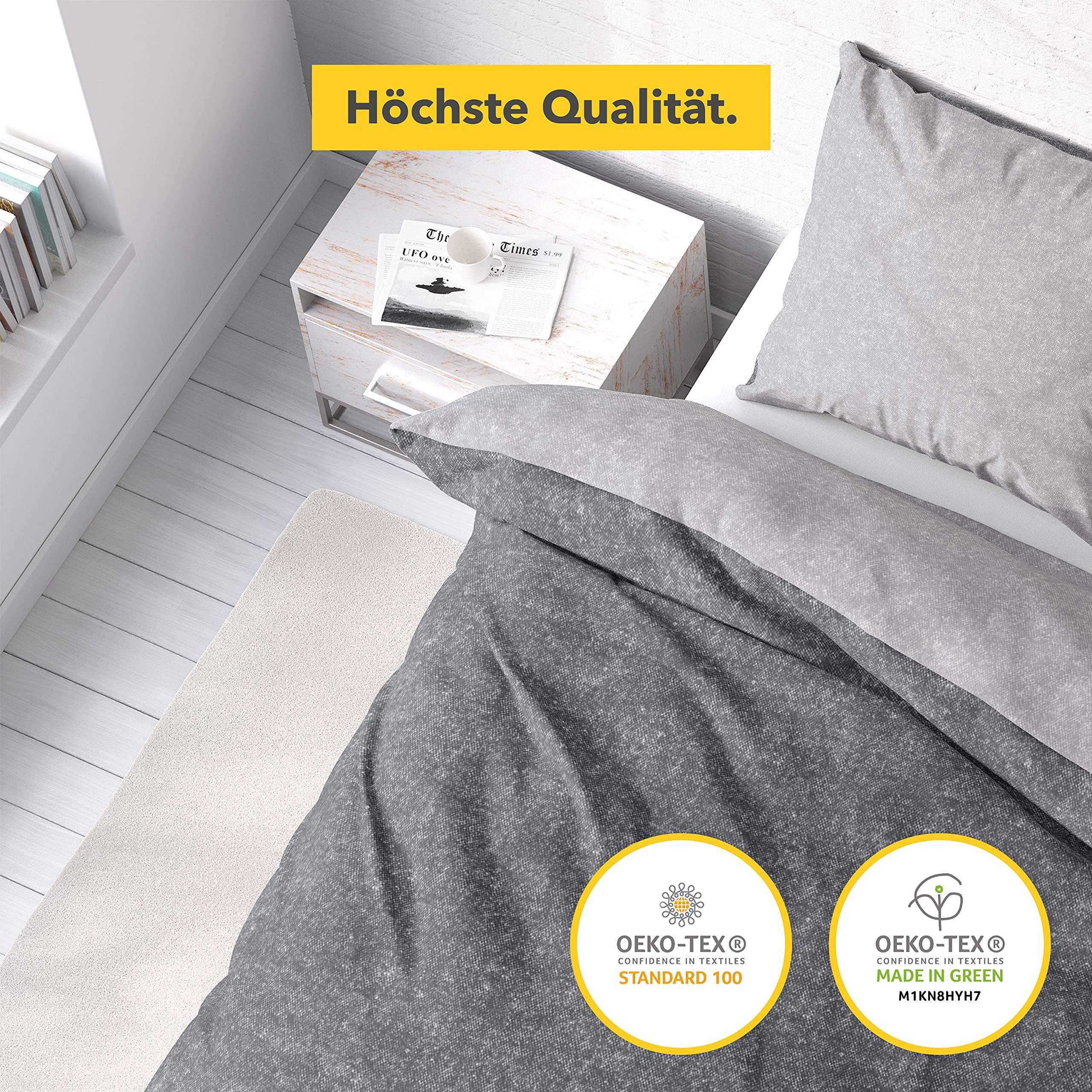 Träumschön Bettwäsche Premium Biber Bettwäsche 135x200 oder 155x220 cm Baumwolle,Anthrazit, Biber, 2 teilig, mit Reißverschluss, 100% Baumwolle, kuschelig warm  – Bild 4 von 5