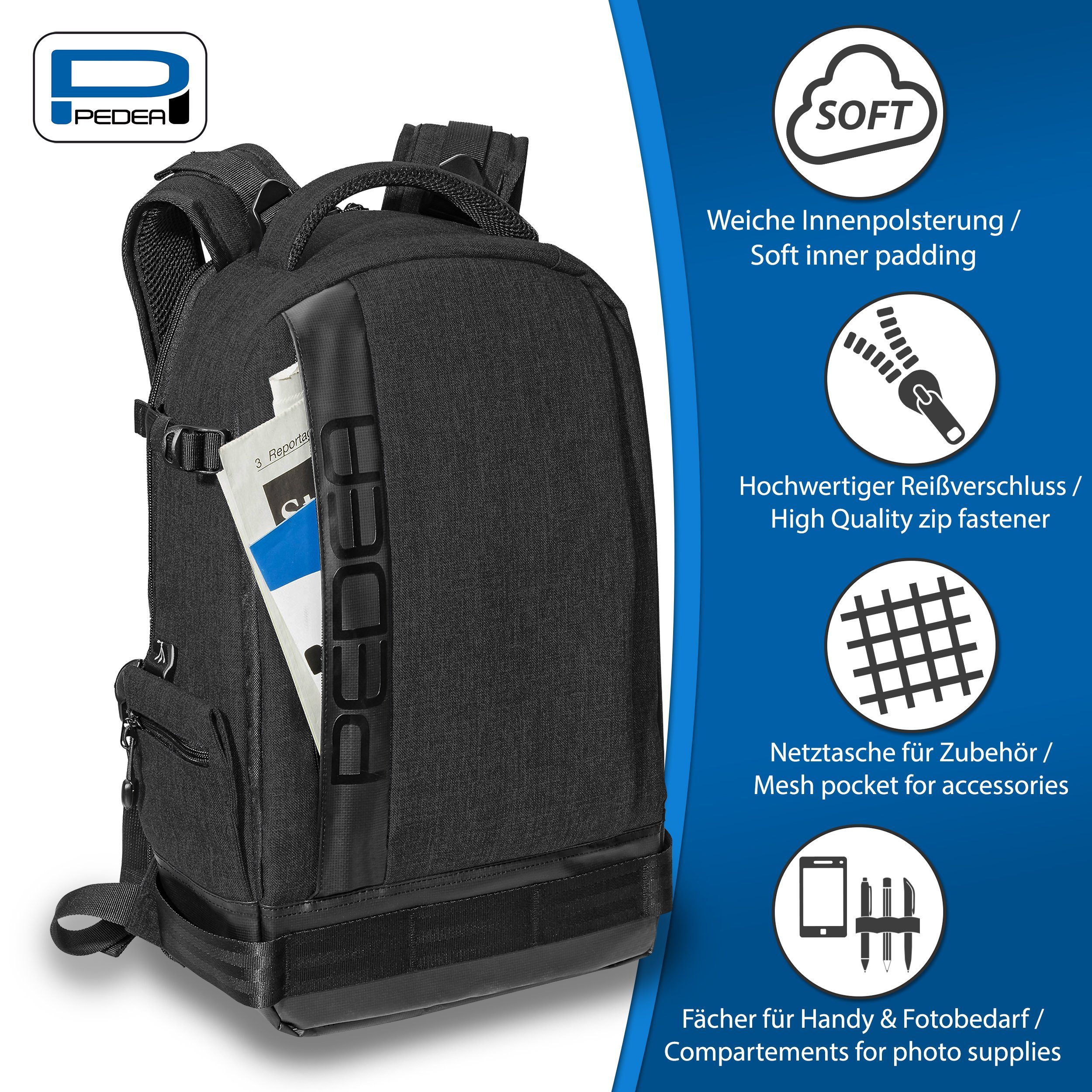 PEDEA Fotorucksack FASHION Kamerarucksack mit variabler Inneneinteilung und viel Stauraum (mit wasserdichtem Regenschutz), weich gepolstertes Innenfach