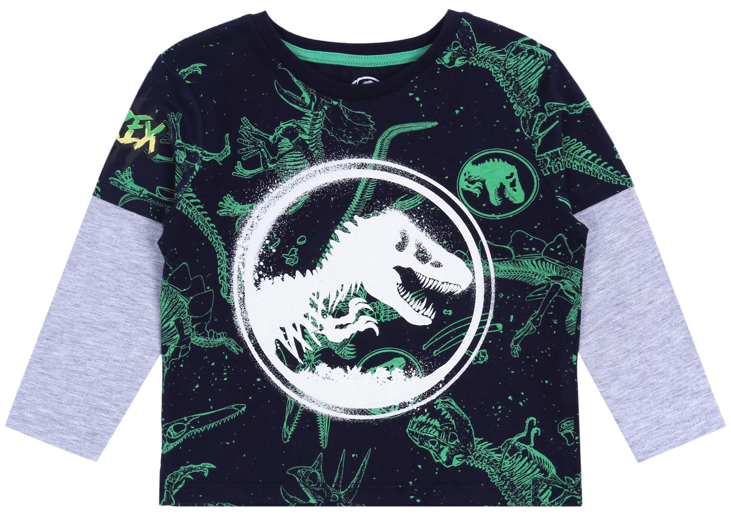 Langarmbluse Dunkelblau- graue jugendhafte Bluse Jurassic World 4-5 Jahre