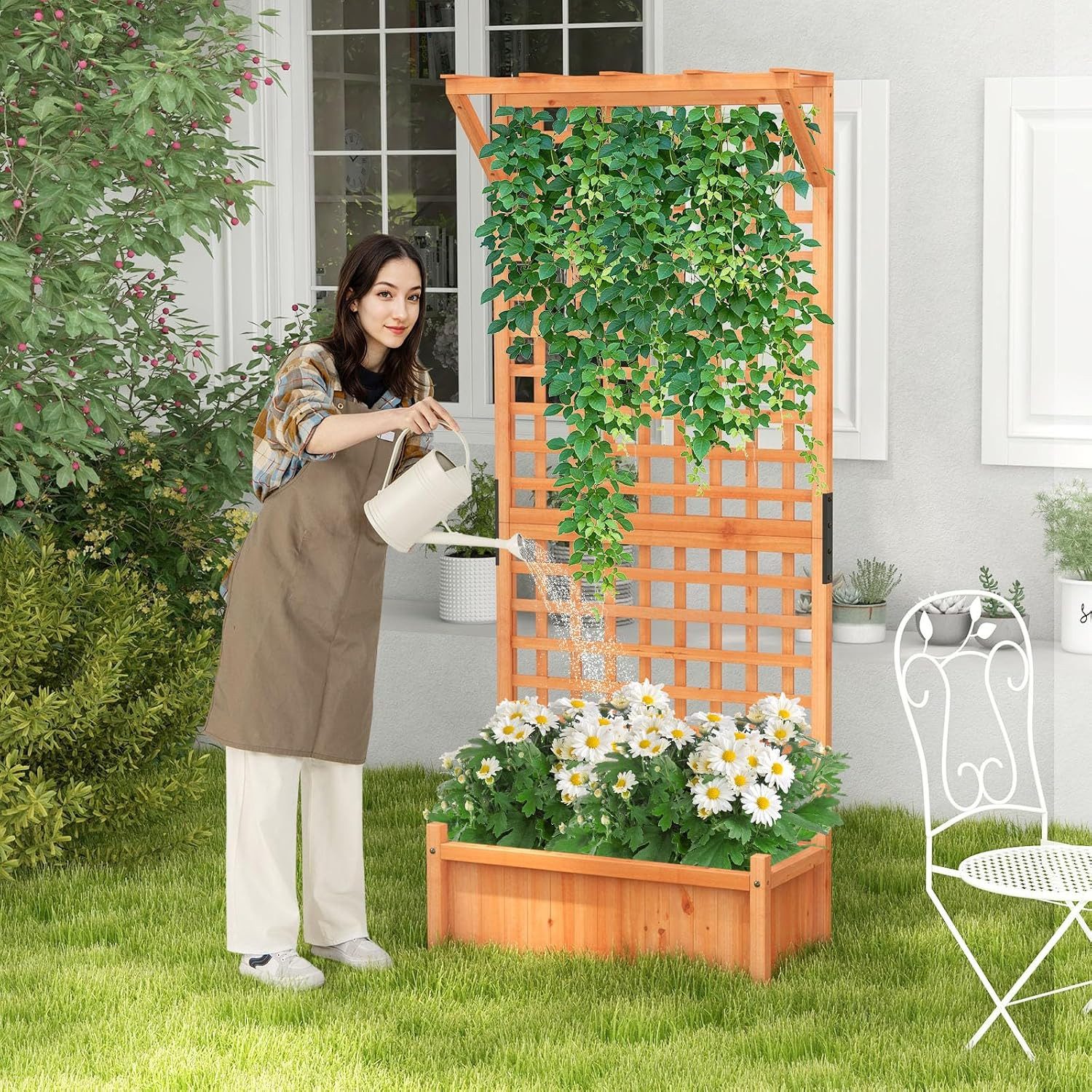 KOMFOTTEU Blumenkasten Pflanzkasten Hochbeet Gartenbeet, mit Rankgitter, Dach & Sichtschutz