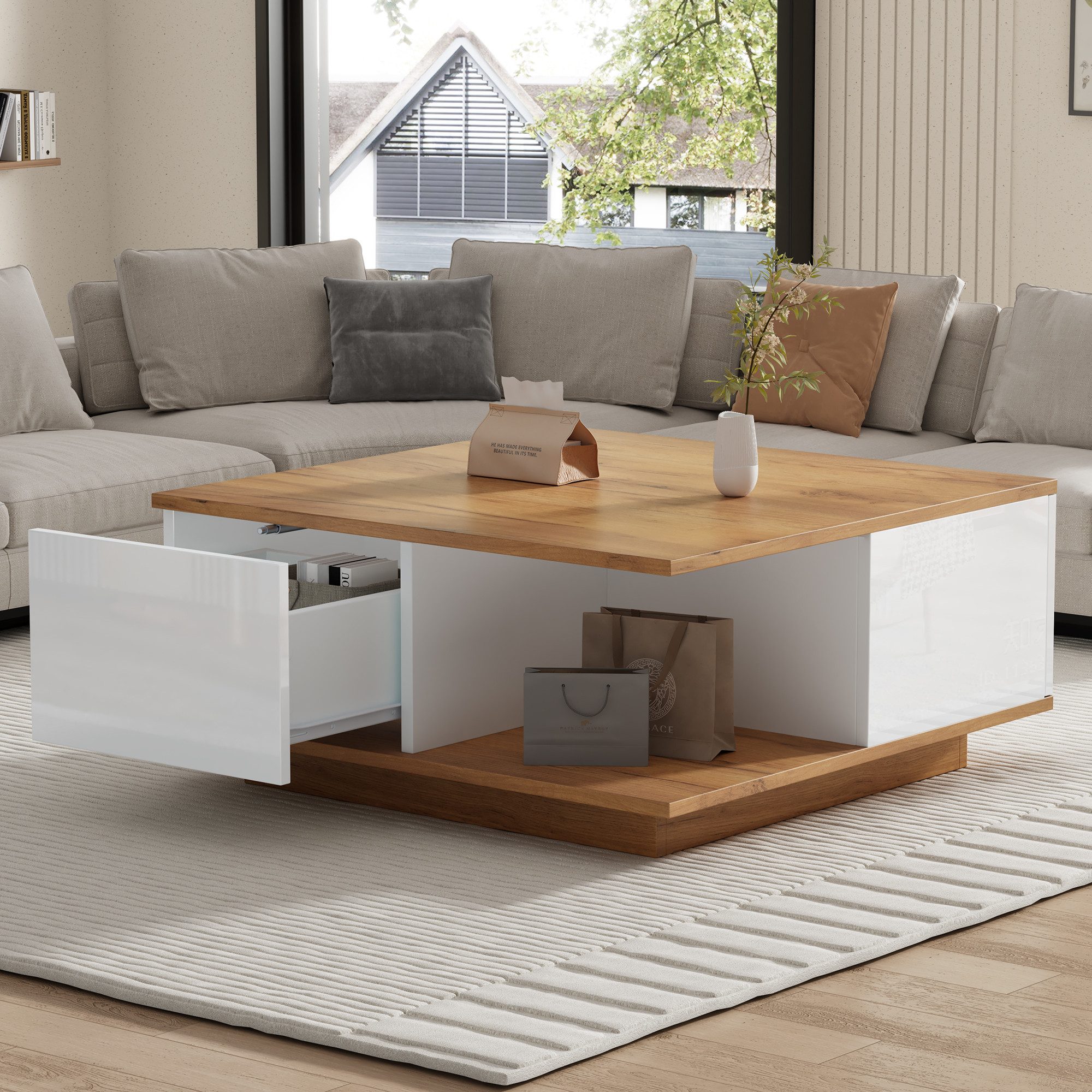 STILVORA Couchtisch mit offenem Stauraum,Beistelltisch Kaffeetisch mit 3 Schubladen,Natur (Sofatisch,Beistelltisch, 1-St., mit 3 Schubladen), geometrischer Kaffeetish