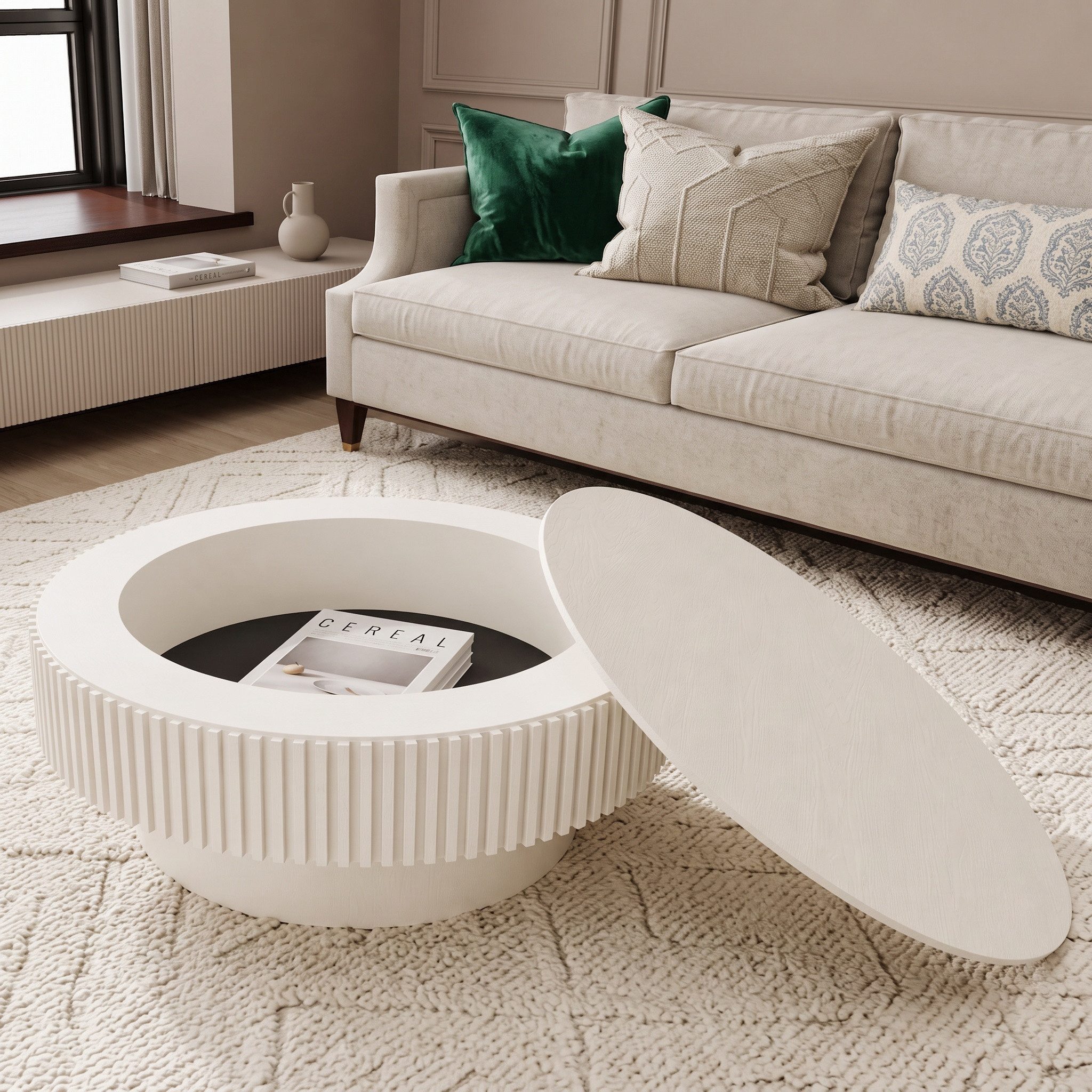 Celya Couchtisch Akzent-Teetisch rund 75 cm (Mit verstecktem Stauraum unter der Tischplatte, einzigartige Pilzform), idealen Ergänzung für Wohnzimmer, Schlafzimmer oder Büro