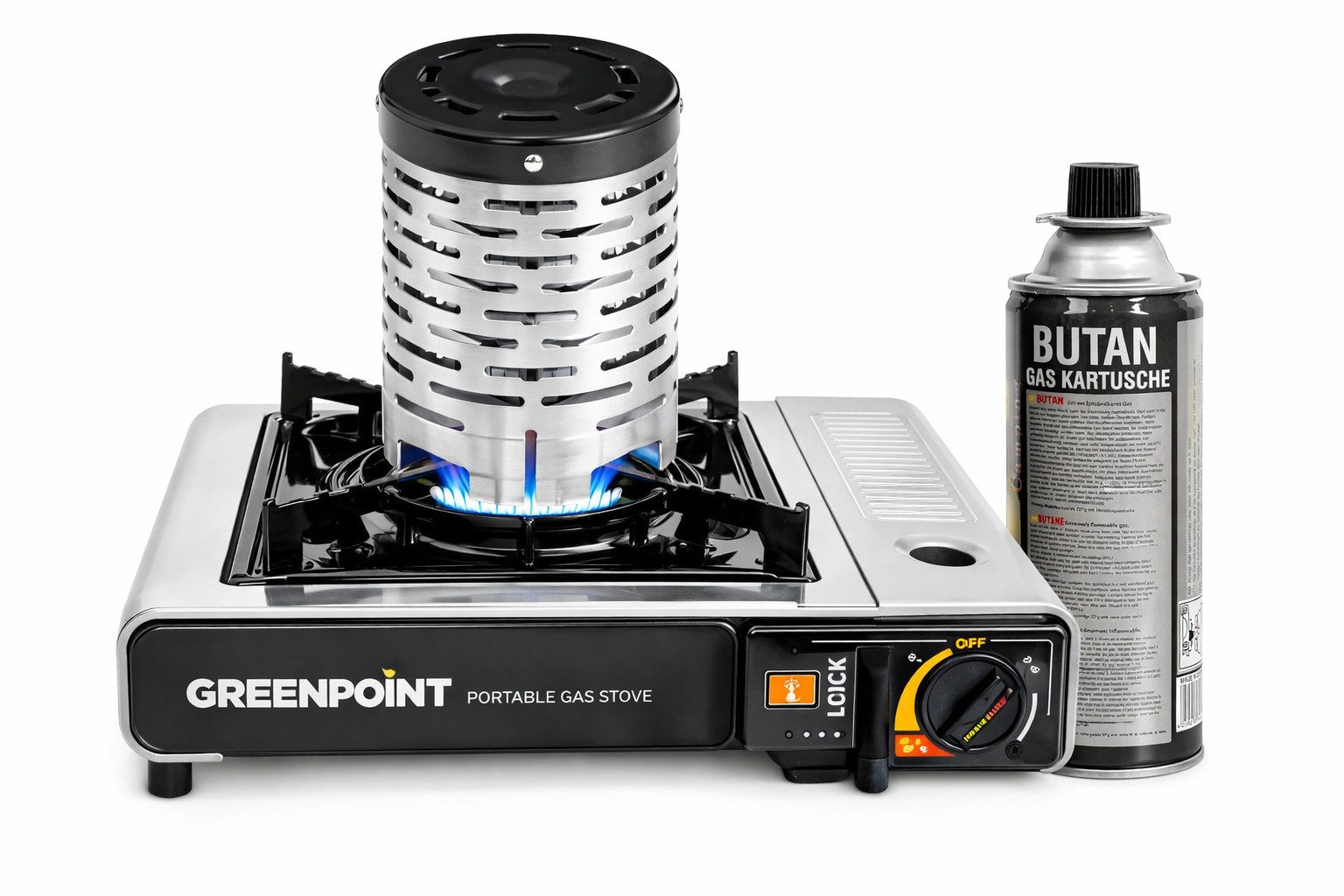 Greenpoint Heizgerät Greenpoint Heizaufsatz für Campingkocher aus Edelstahl bis 2 kW, mit Gaskocher aus Edelstahl oder Aluminium und Gaskartusche