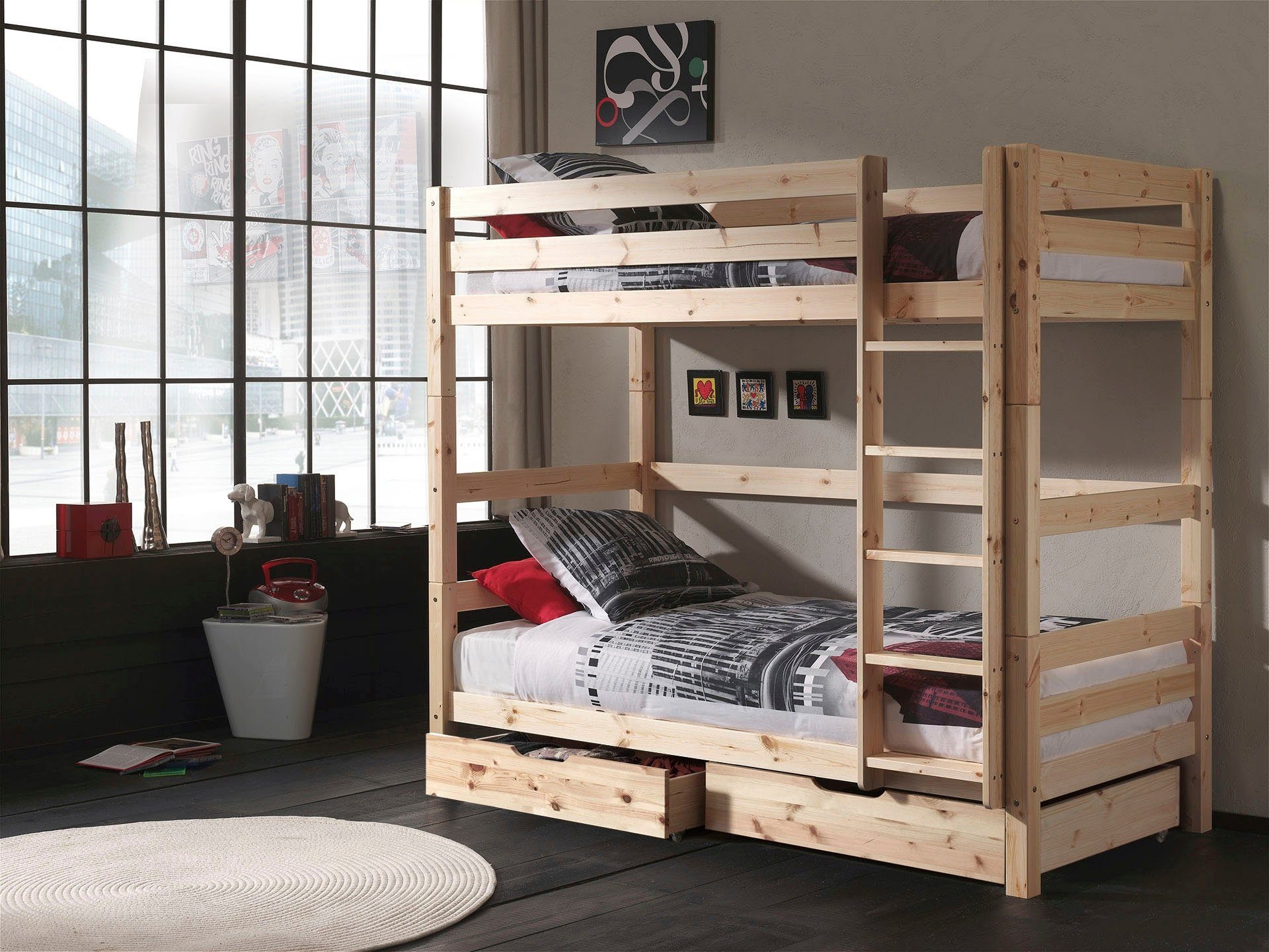 Vipack Etagenbett Pino, inkl. Rolllattenrost, Leiter und Absturzschutz (B/H/T ca. 210x182x105cm, massiv Kiefer verschiedene Farben), wahlweise ohne Schublade, mit 1 großen, 2 kleinen Bettschubladen