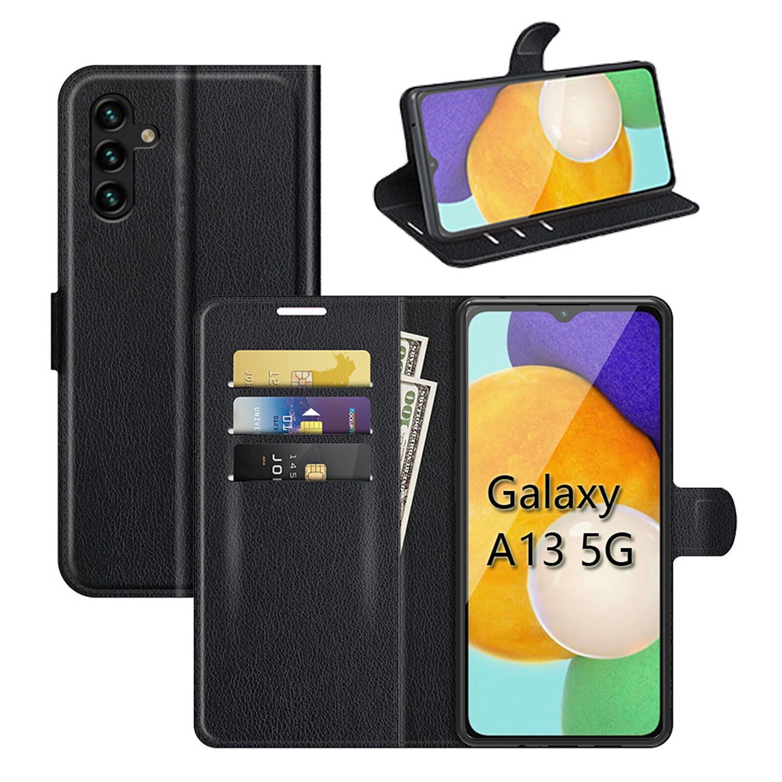 betterfon Handyhülle Handytasche für Samsung Galaxy A13 5G / A04S Klapphülle Schwarz, 3 Kartenfächer, Magnetverschluss & Standfunktion im Lederlook