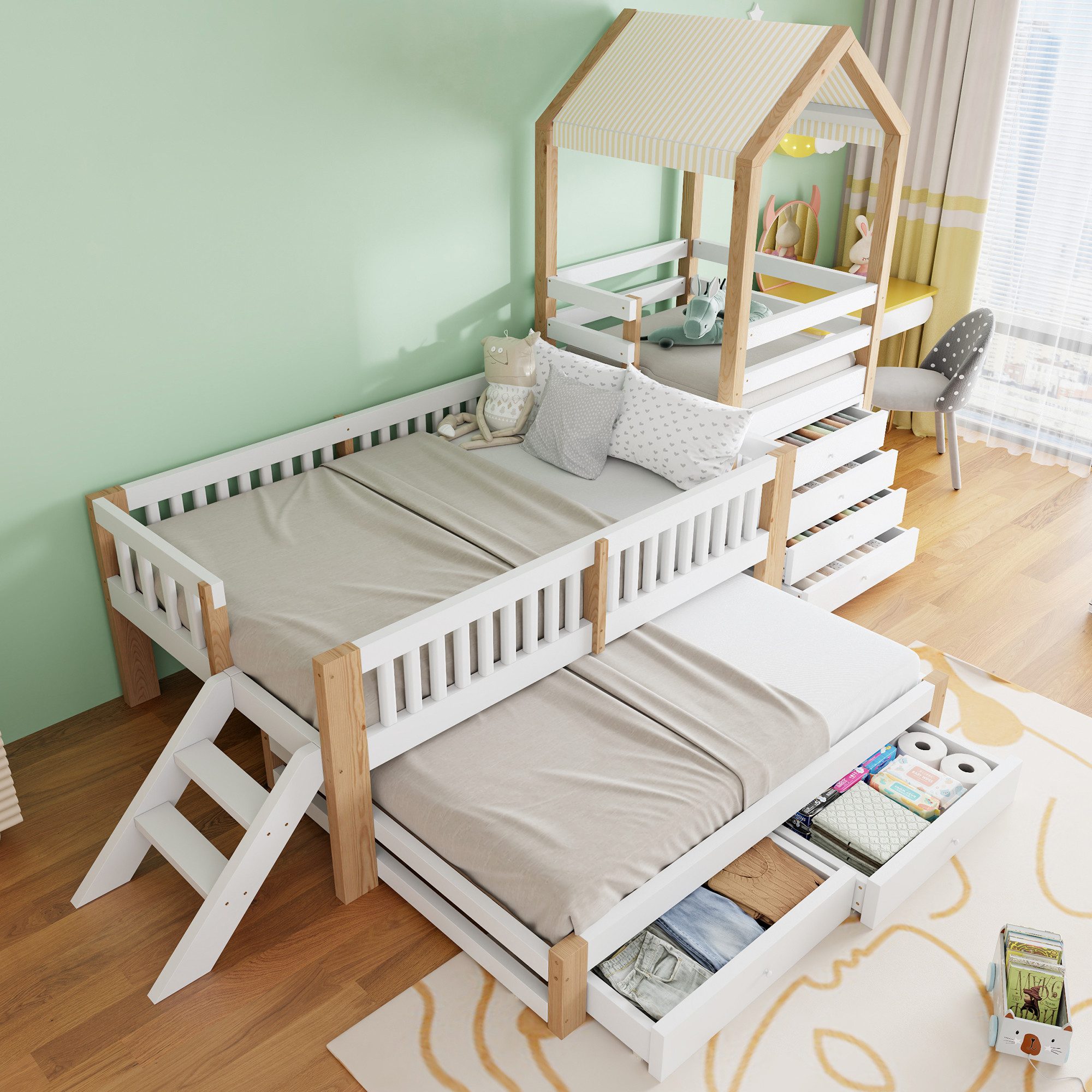 Flieks Kinderbett, Massivholzbett 90x200cm mit Ausziehbett 90x190cm, Schrank, Schubladen