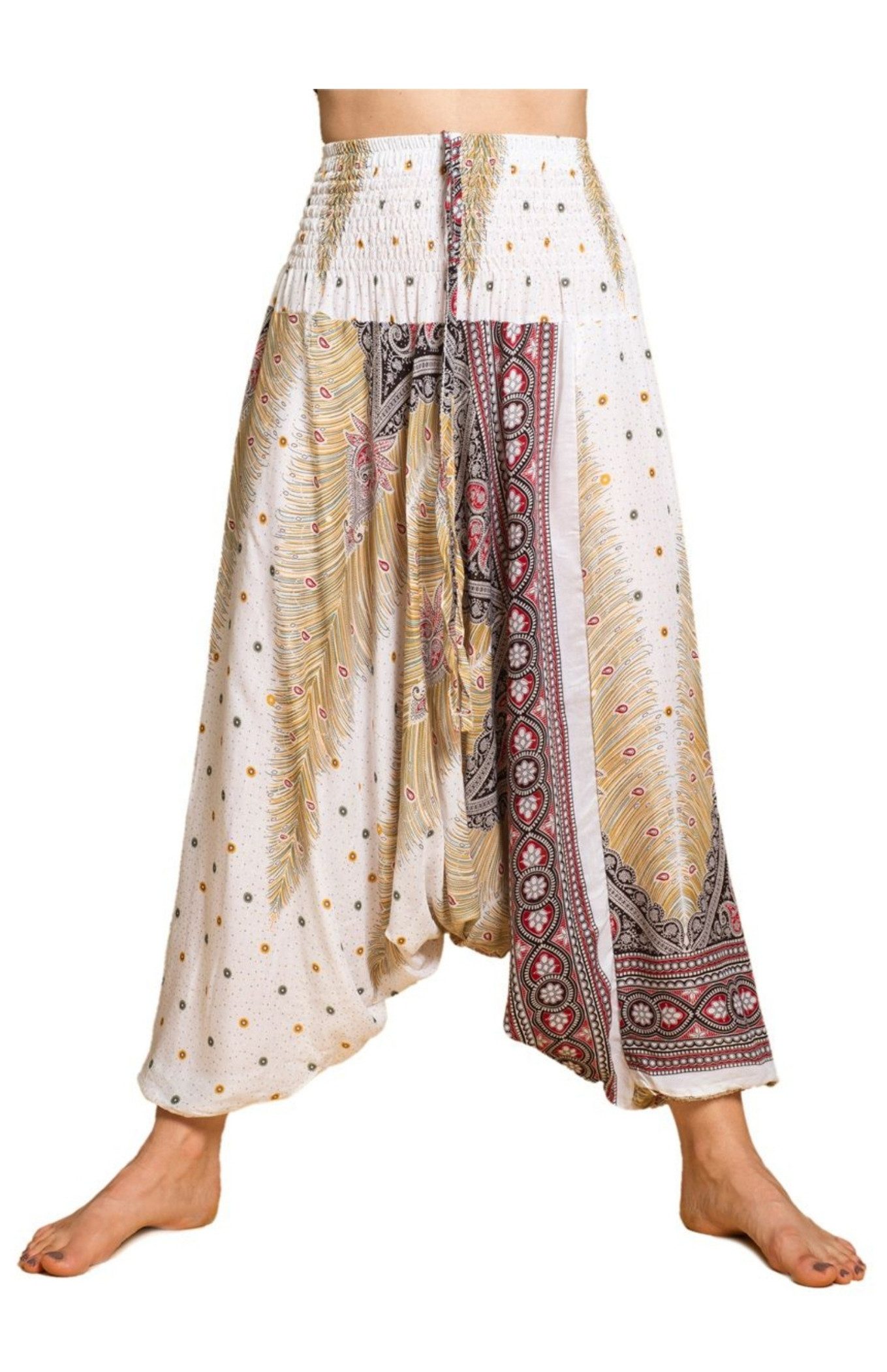 PANASIAM Haremshose Aladinhose im schönen Peacock Design Haremshose aus 100% natürlicher Viskose auch als Overall tragbar Damen Pumphose bequeme Freizeithose