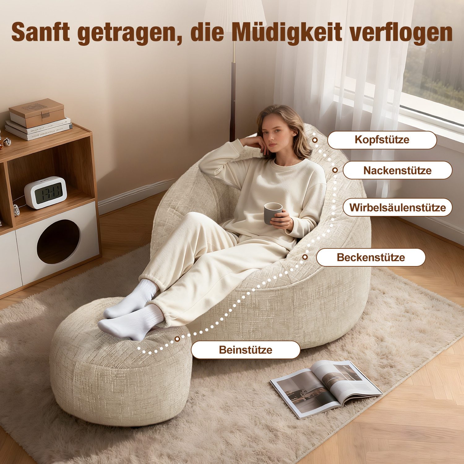 Lexzurn Sitzsack Sitzsack Lazy Sofa Gaming Sitzsack mit Hocker, Sitz Sack mit (Granularer-MemorySchwamm Füllung, Lounge Sessel, Lounge Stuhl, 97x93x77 cm Couch für Erwachsene und Kinder), Weich und Formstabil, Für Schlafzimmer, Büro und Wohnzimmer