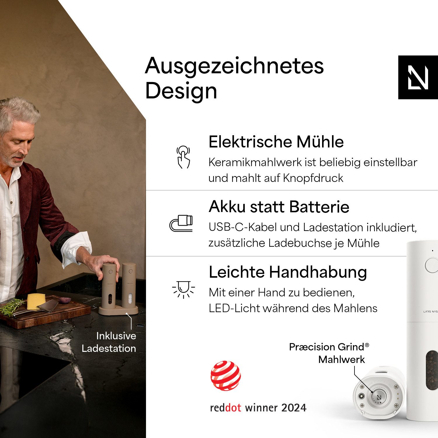 LARS NYSØM Gewürzmühle Spænding praktische Einhandbedienung per Drucktaste, (2 Stück), elektrische Salz- & Pfeffermühle mit eingebautem LED-Licht