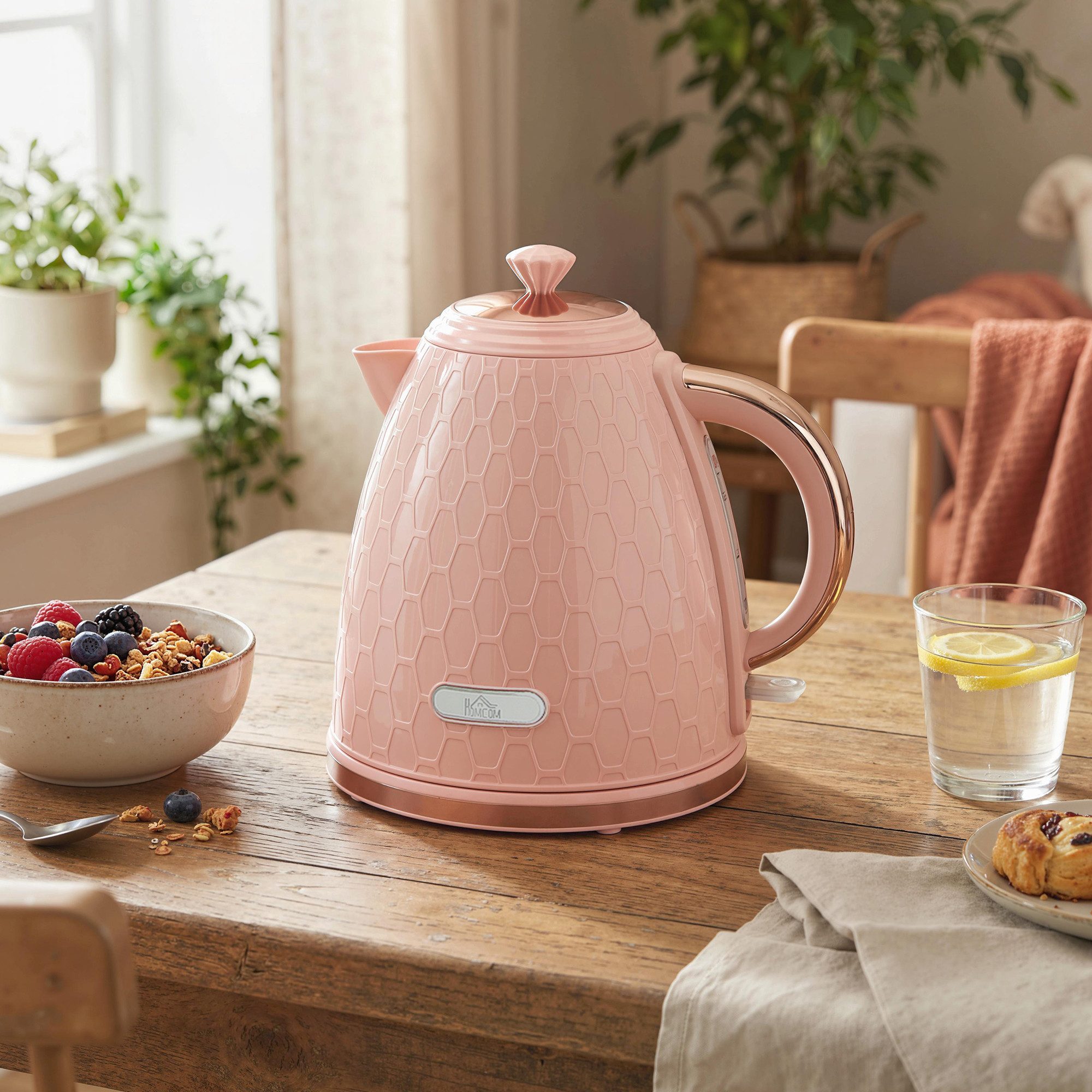 HOMCOM Wasserkocher Schnellkochfunktion, kabellos, Anti-Kalk-Filter, Auto-Abschaltung, 1.7 l, 2200 W, Trockengehschutz, Hellrosa