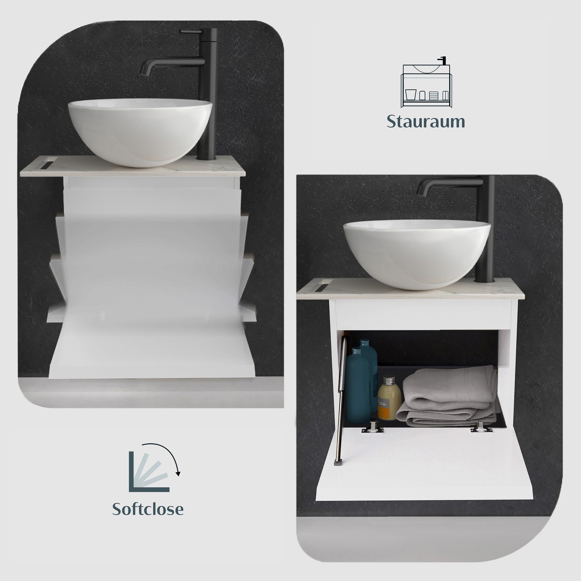 Alpenberger Badmöbel-Set mit Aufsatzwaschbecken Waschtisch mit Unterschrank & Keramikplatte, (Waschbecken Rund mit Nano Beschichtung, Waschbeckenunterschrank kl – Bild 4 von 5