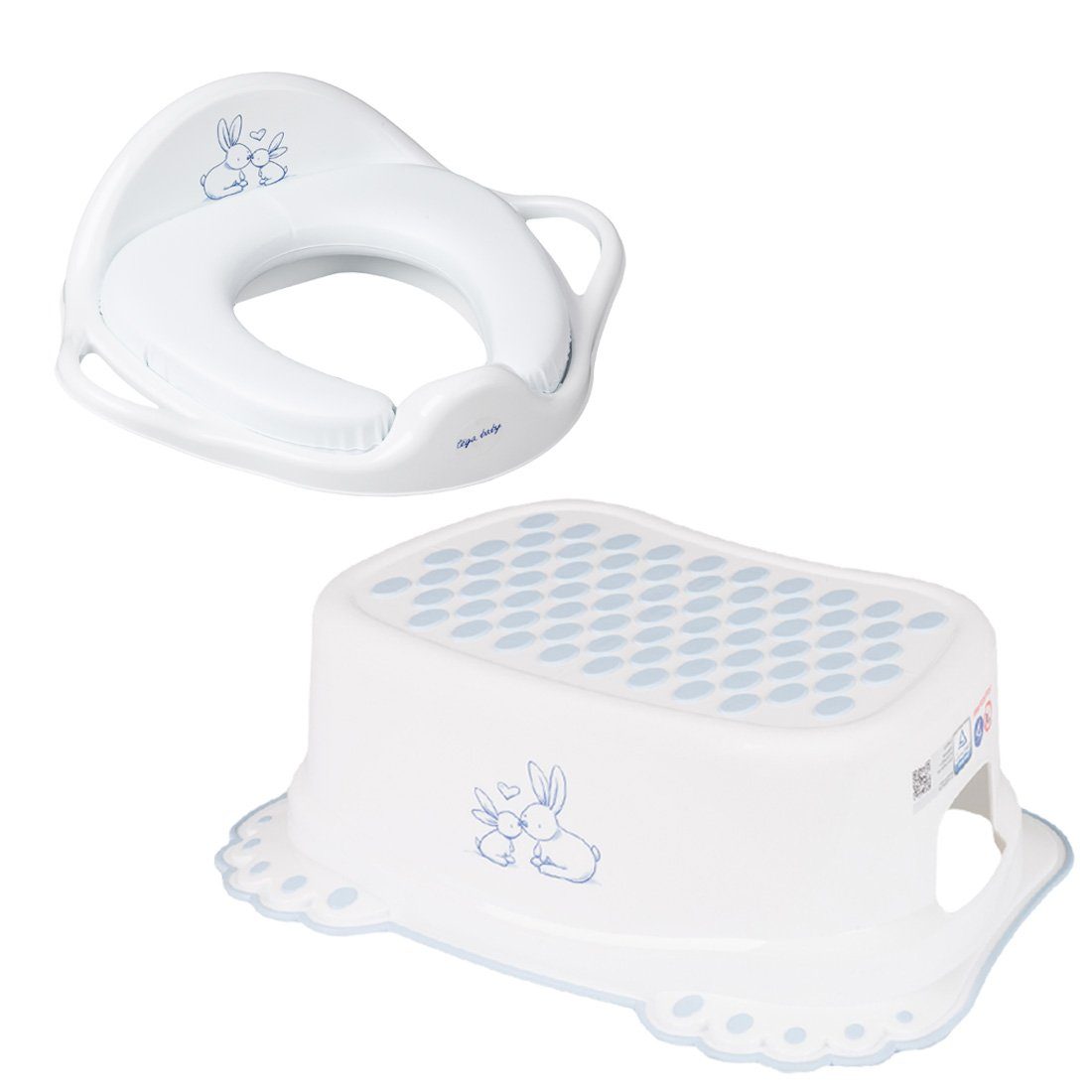 Tega-Baby Toilettentrainer 2 Teile Set - BUNNIES - Weiß - Toilette Sitz Brille Trainer Kinder, ** WC Aufsatz-Gepolstert + Tritthocker ** | Toilettentrainer