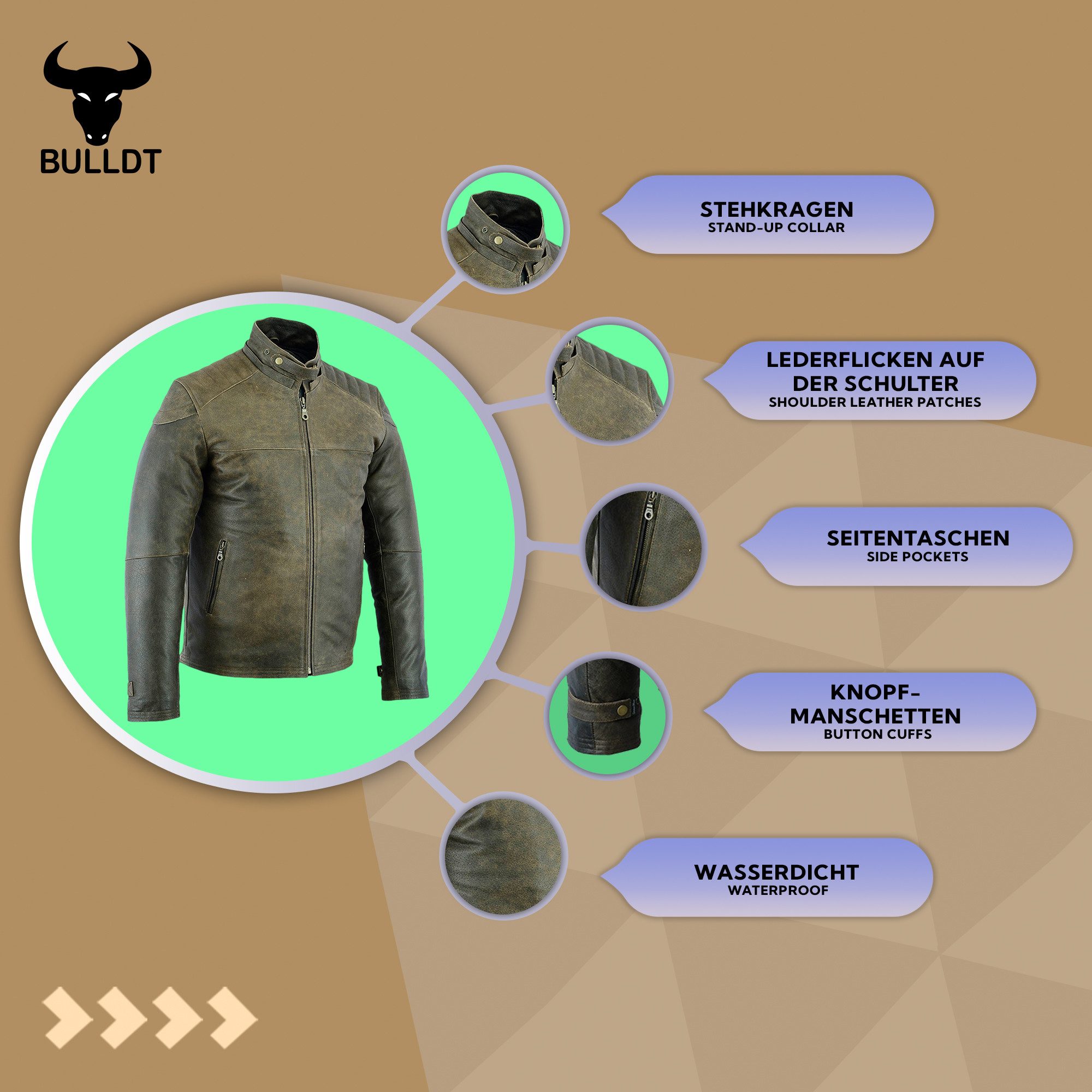 BULLDT Motorradjacke GW425J Cracker Bikerjacke Lederjacke Cracker Kalbsleder