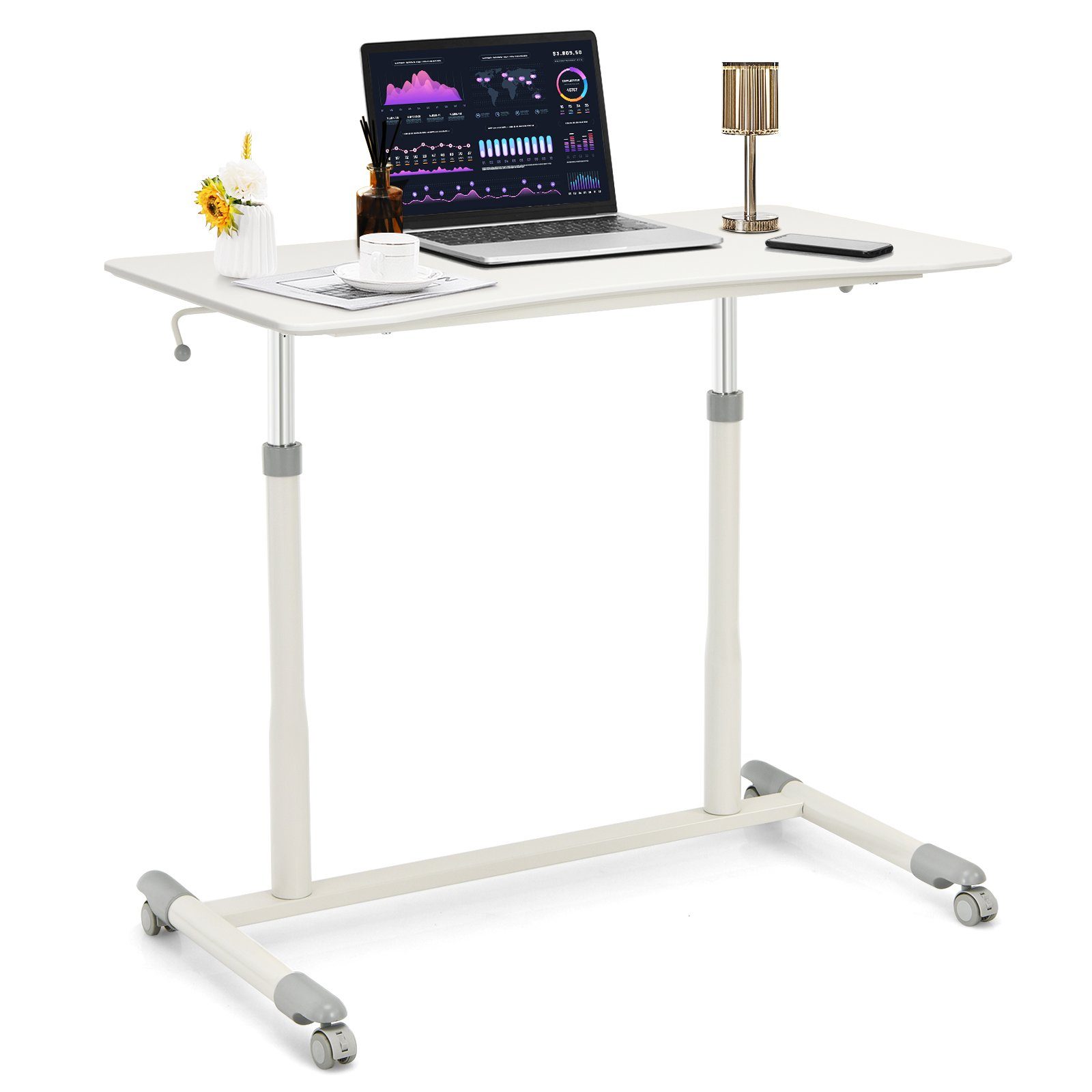 COSTWAY Schreibtisch, höhenverstellbar von 70-107cm, mit Rollen, breite 95cm Weiß