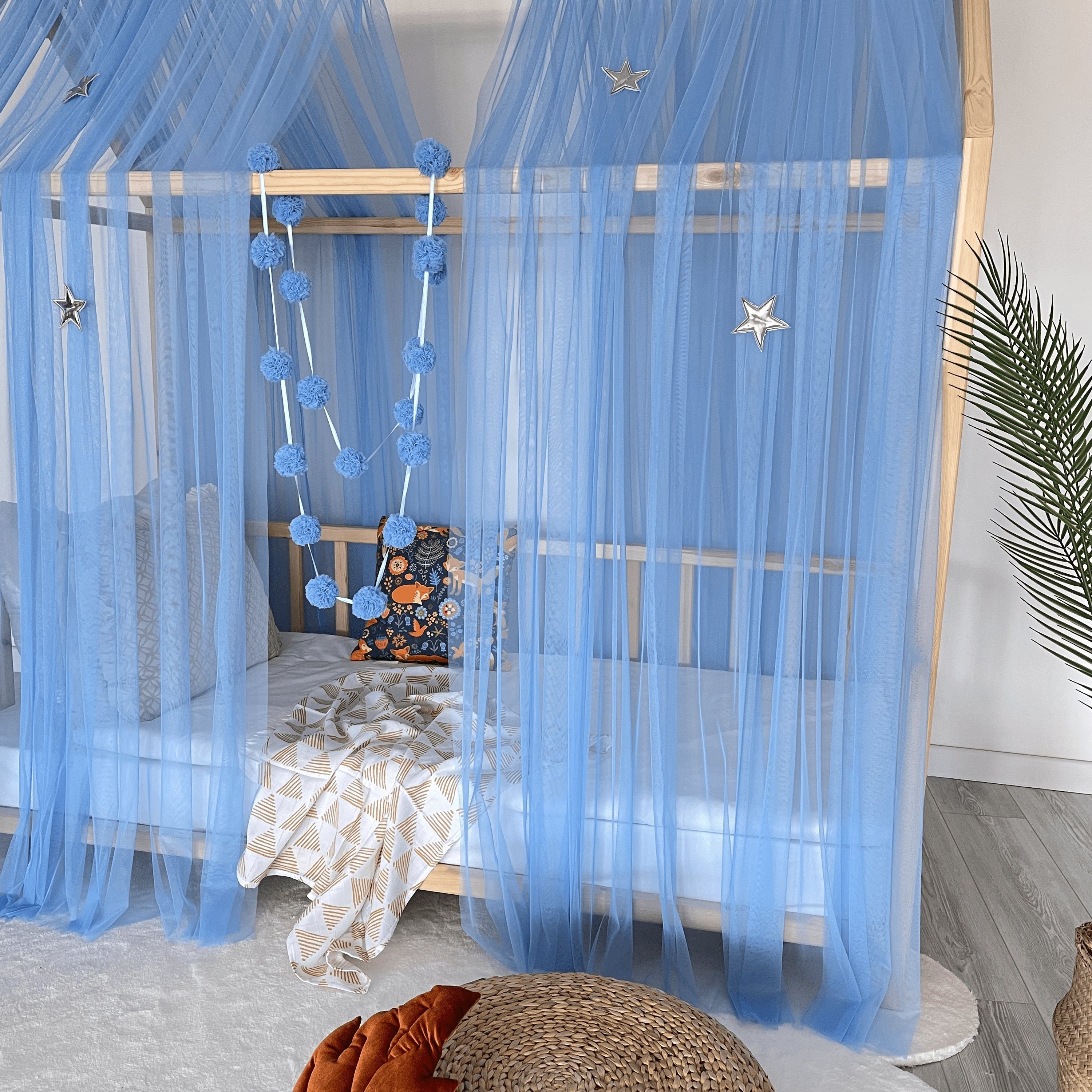 Baby Fancyroom und 340cm Stück Betthimmel Set Baldachin, 2x 2 einer Deko Set), 20er blau Tüll Hausbett Betthimmel mit Betthimmel Pomponkette, Betthimmel Montessori 380cm Hausbett Betthimmel Kinder für Kinderbett (3-tlg. Himmel Baldachin, Montessori