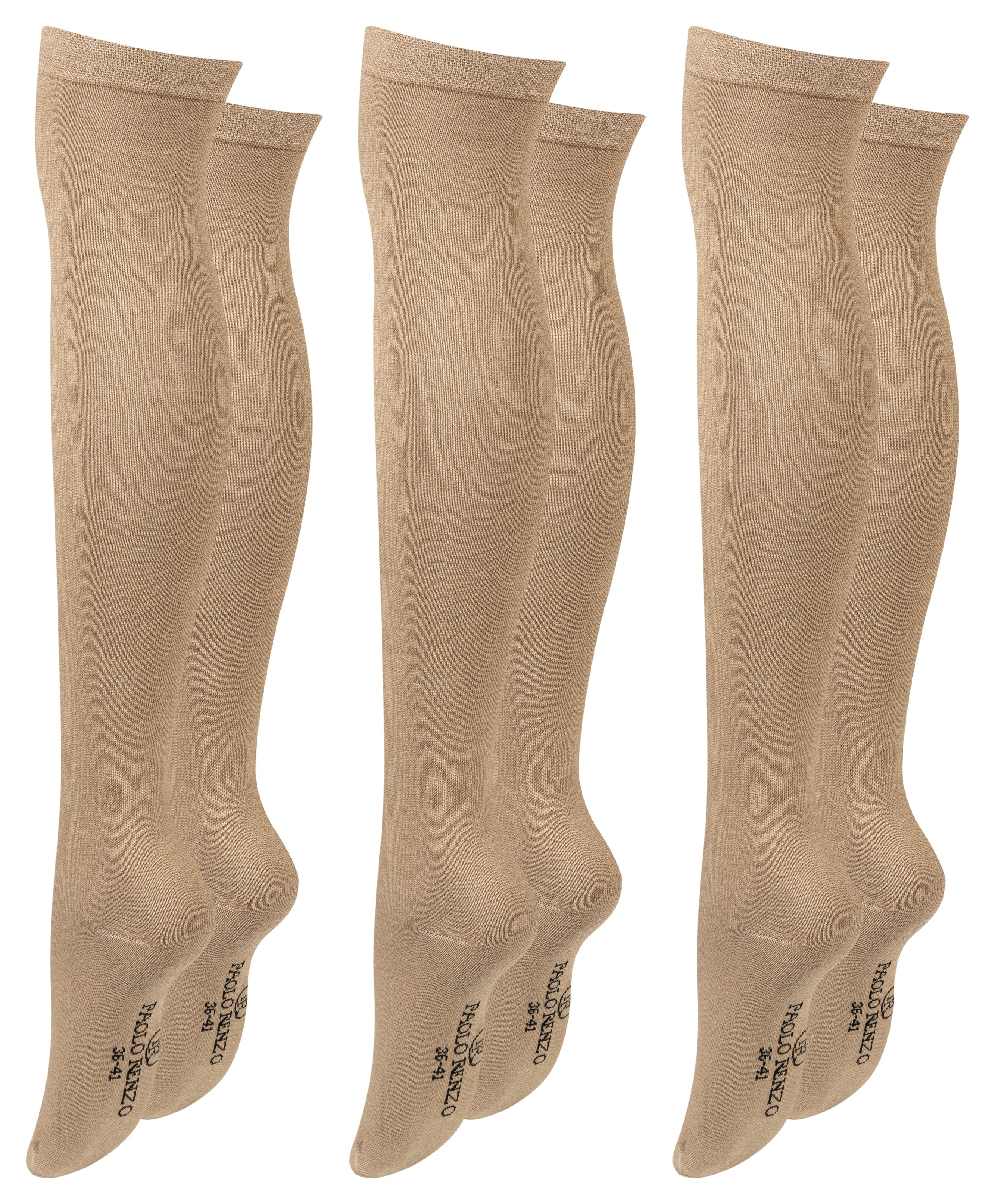 Paolo Renzo Overknees aus hochwertiger Baumwolle und mit breitem Pique-Komfortbund (3-Paar) Atmungsaktive Damen Overknee Strümpfe - Uni - Einheitsgröße Beige | Beinstulpen