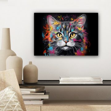 OneMillionCanvasses® Leinwandbild Katze - Graffiti - Tiere - Farben - Grau, (1 St), Wandbild Leinwandbilder, Aufhängefertig, Wanddeko, 30x20 cm