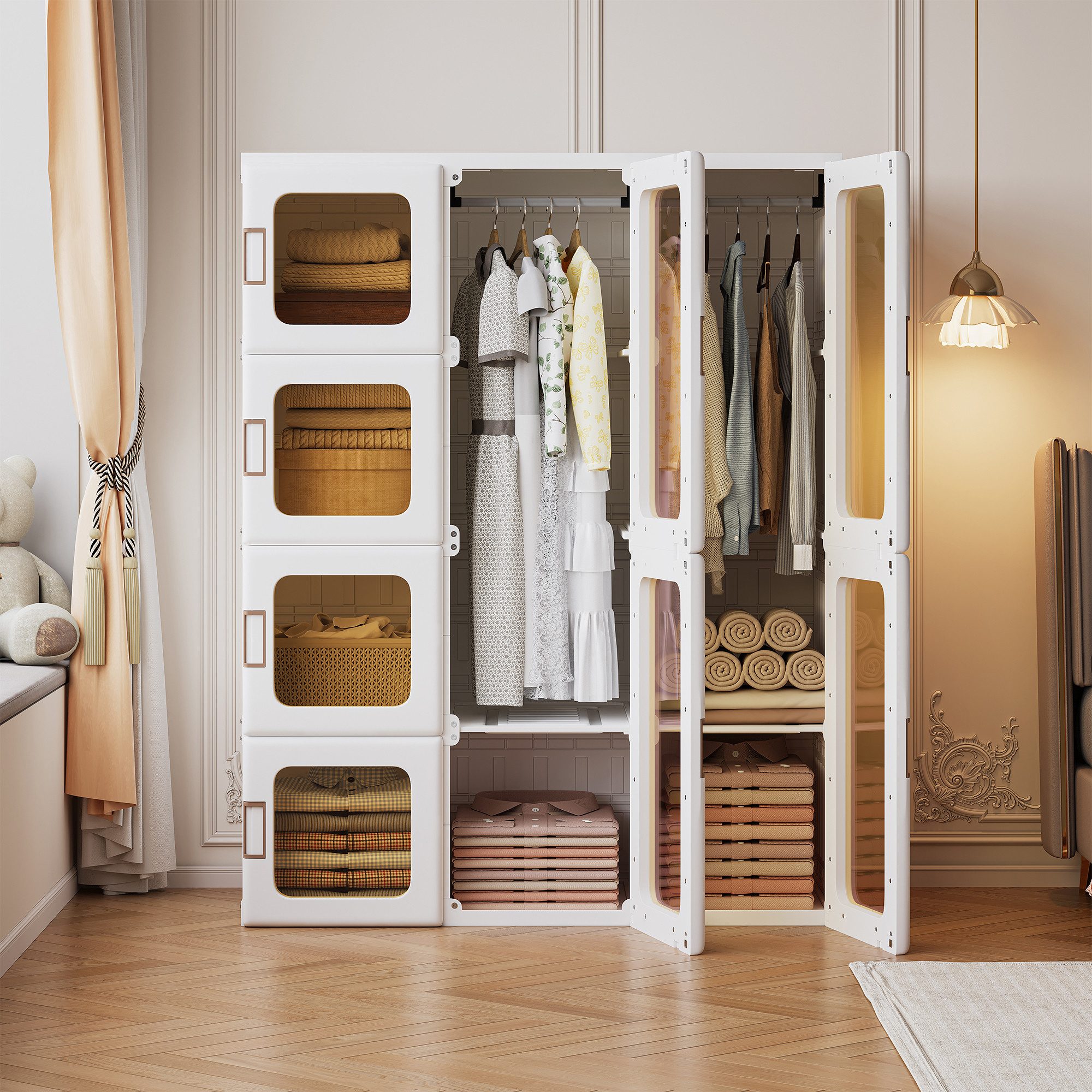 BELUPAI Kleiderschrank Faltbarer Schrank, Mehrzweckschrank (Set, 1-St., für Schlafzimmer und Wohnzimmer, 134 x 50 x 106 cm) Transparent Kleiderschrank mit Kleiderstange und Magnettüre