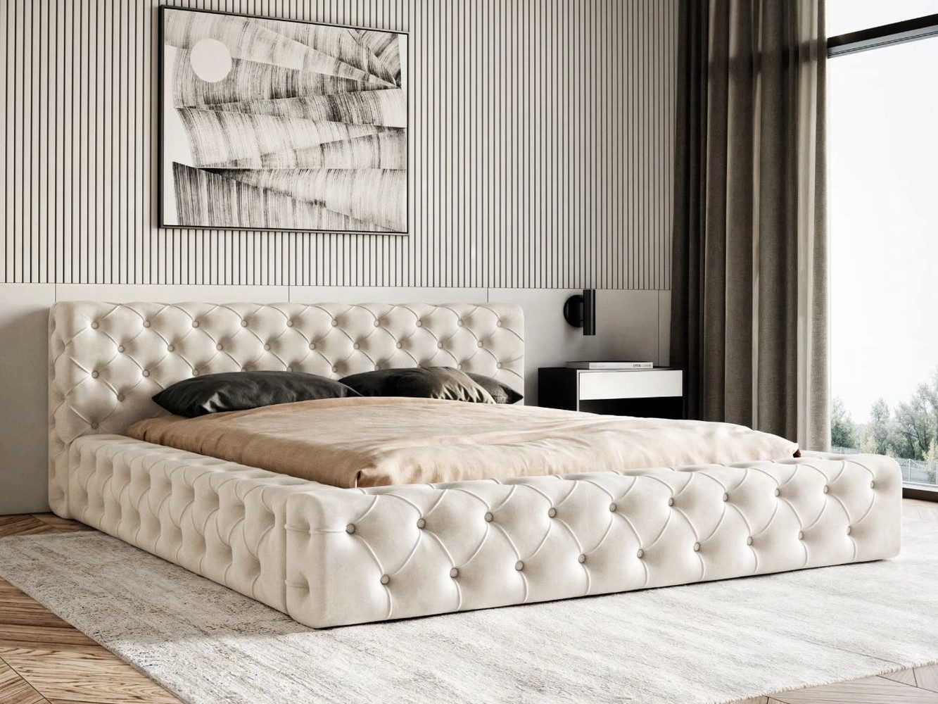 GrainGold Polsterbett mit Bettkästen PALINI, Modern Bett mit Kopfteil - 140x200 cm, Beige (1x Bett)