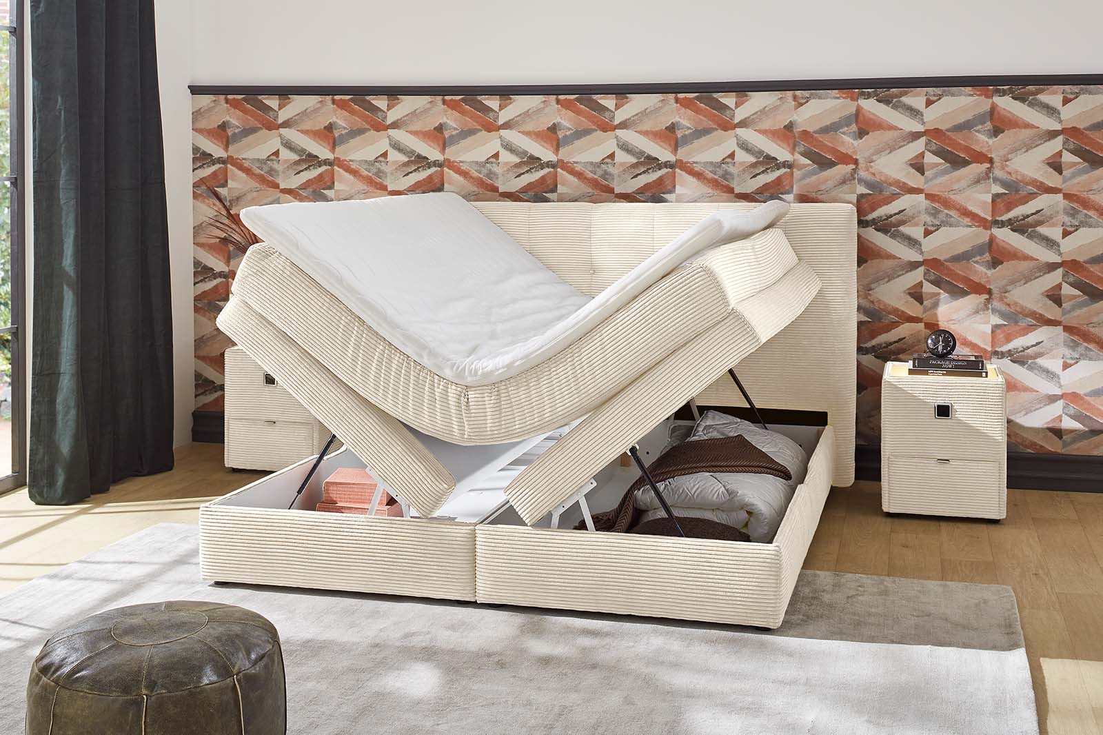 Jockenhöfer Gruppe Boxspringbett AMY in Cord, erhältlich in den Breiten 180cm & 200cm, mit Bettkasten & Kaltschaum-Topper