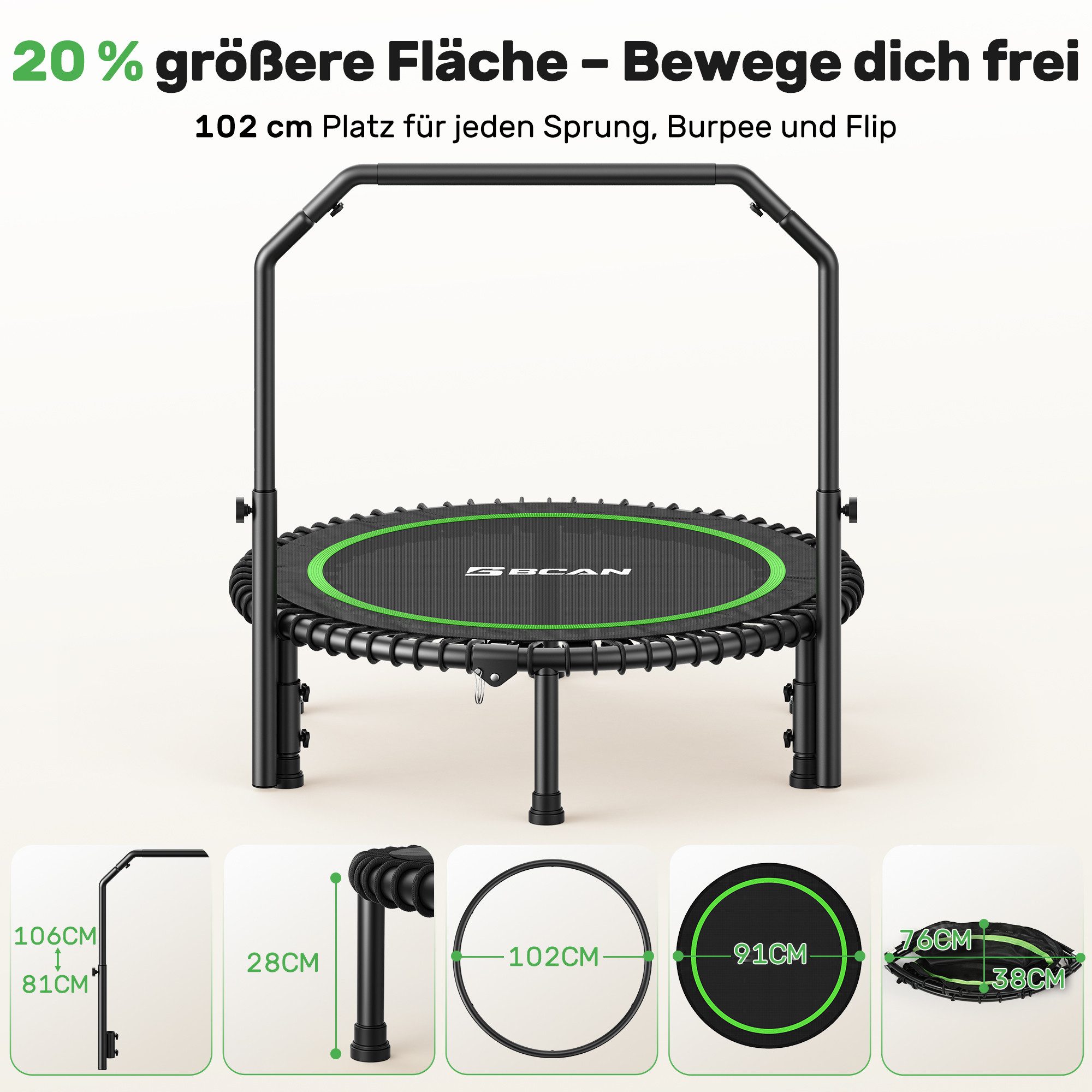BCAN Fitnesstrampolin Rebounder-Trampolin Erwachsene, 102/122cm 204/250kg, Ø 102 cm, (1 tlg), Bungee-Seilen Verstellbarer Griff Indoor&Outdoor