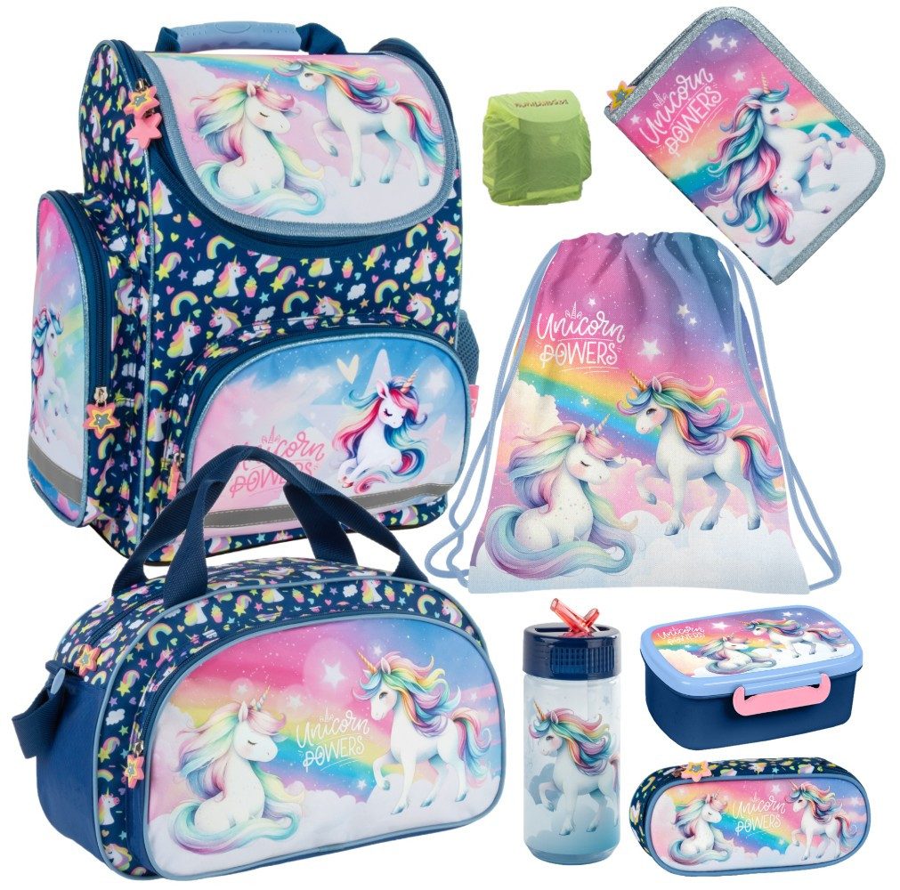 Familando Schulranzen 1.-3. Klasse, ergonomischer Tornister - 1 Kg, 15 L Volumen (Set, 8-tlg., inkl. Federmappe, Lunch-Set und Sporttasche), dunkelblau Mädchen Schultasche Einhorn Regenbogen