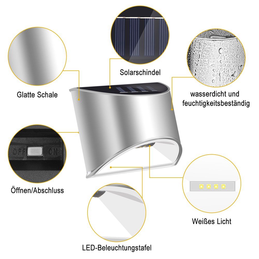Wandlampen integriert, Solarleuchte Solarleuchten Stainless iscooter Tageslichtweiß, LED fest LED für Sicherheitswandleuchte für 2 Solarlampen IP65, Edelstahl Außen, Stücke Außen Steel