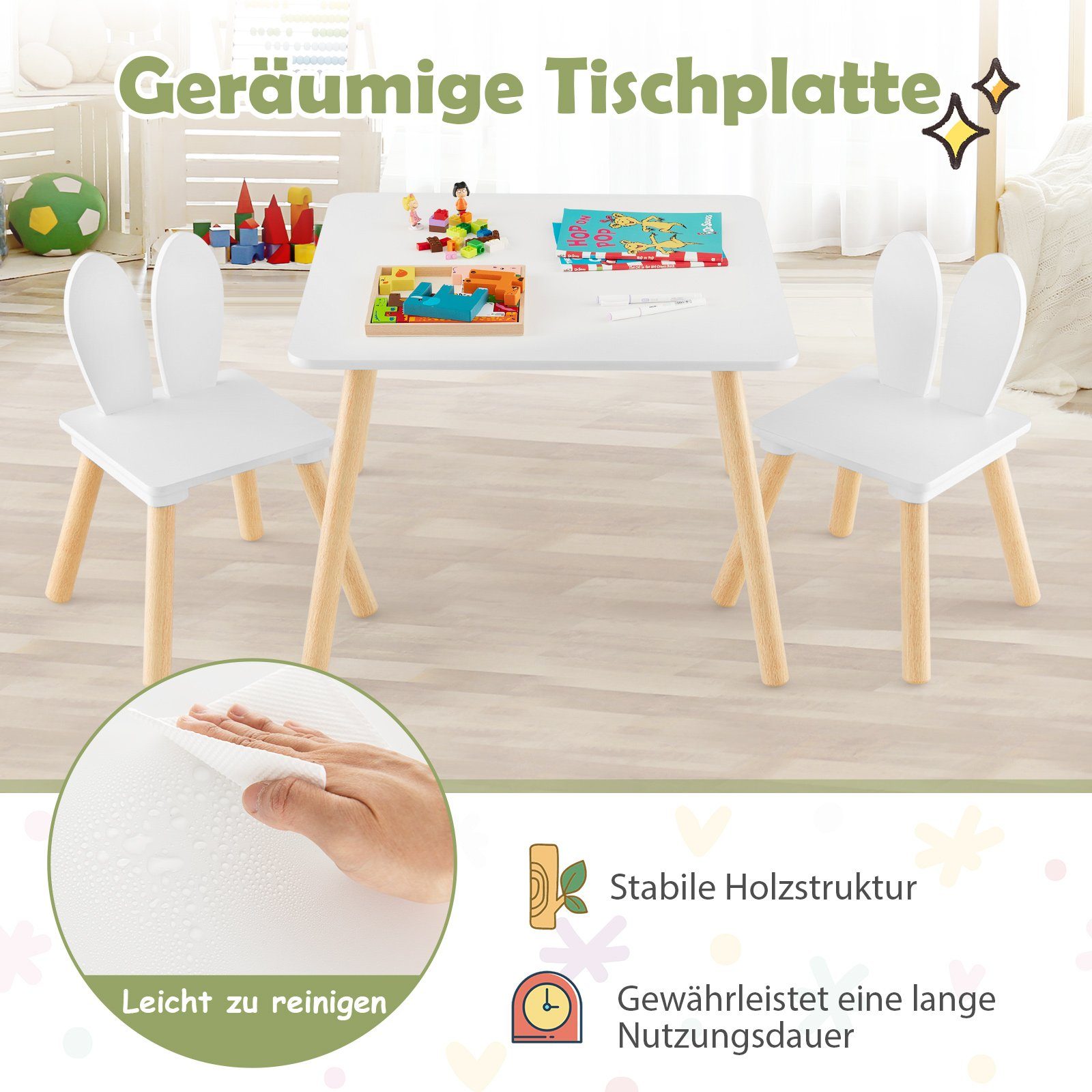 COSTWAY Kindersitzgruppe 3 TLG. mit Tisch & 2 Stühlen, aus Holz, für 3-6 Jahre