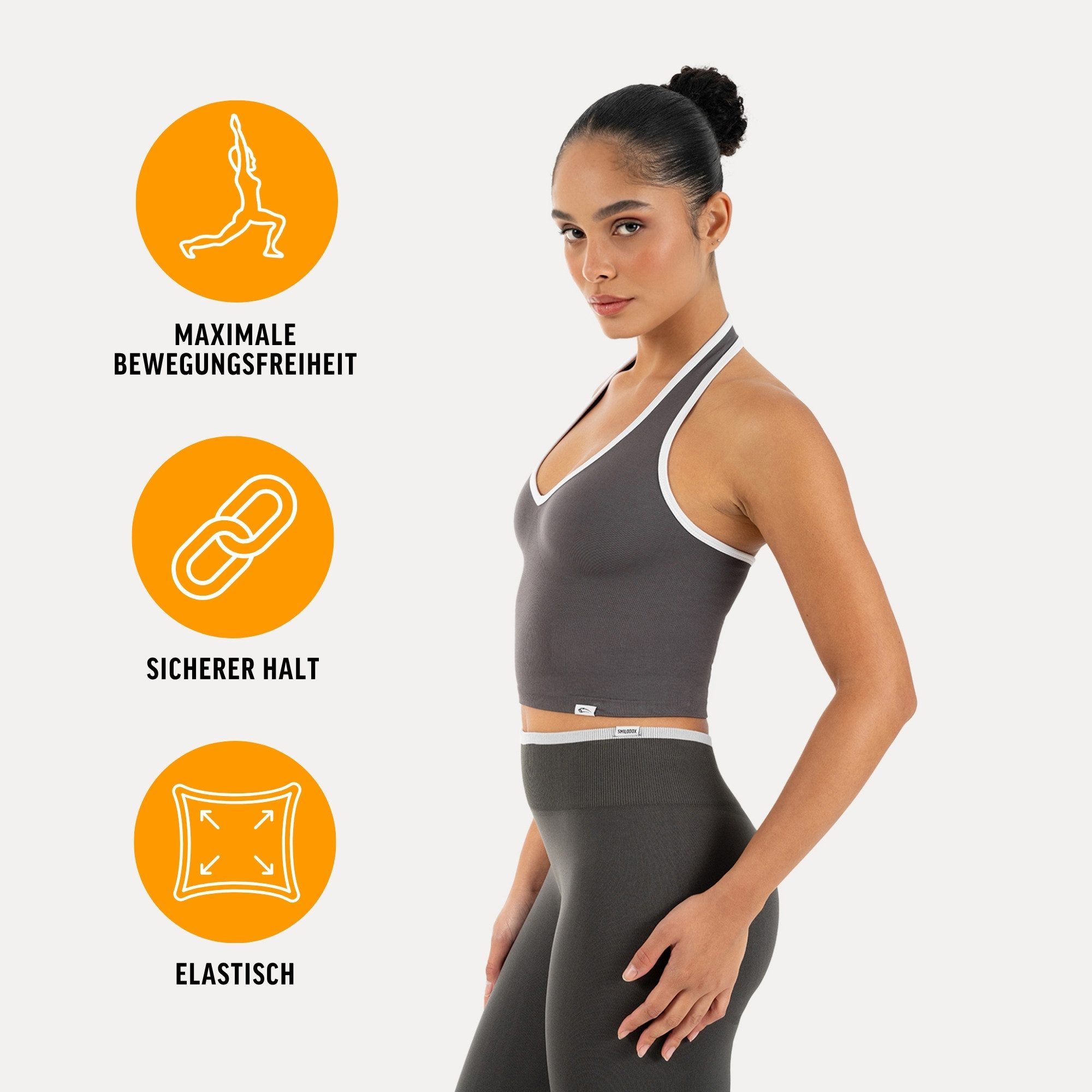 Smilodox Sport-BH Theda, Sport Top Damen Shaped Fit, Seamless, Gym & Freizeit Halterneck, V-Ausschnitt, Seamless, Stretch, Kontrastdetails