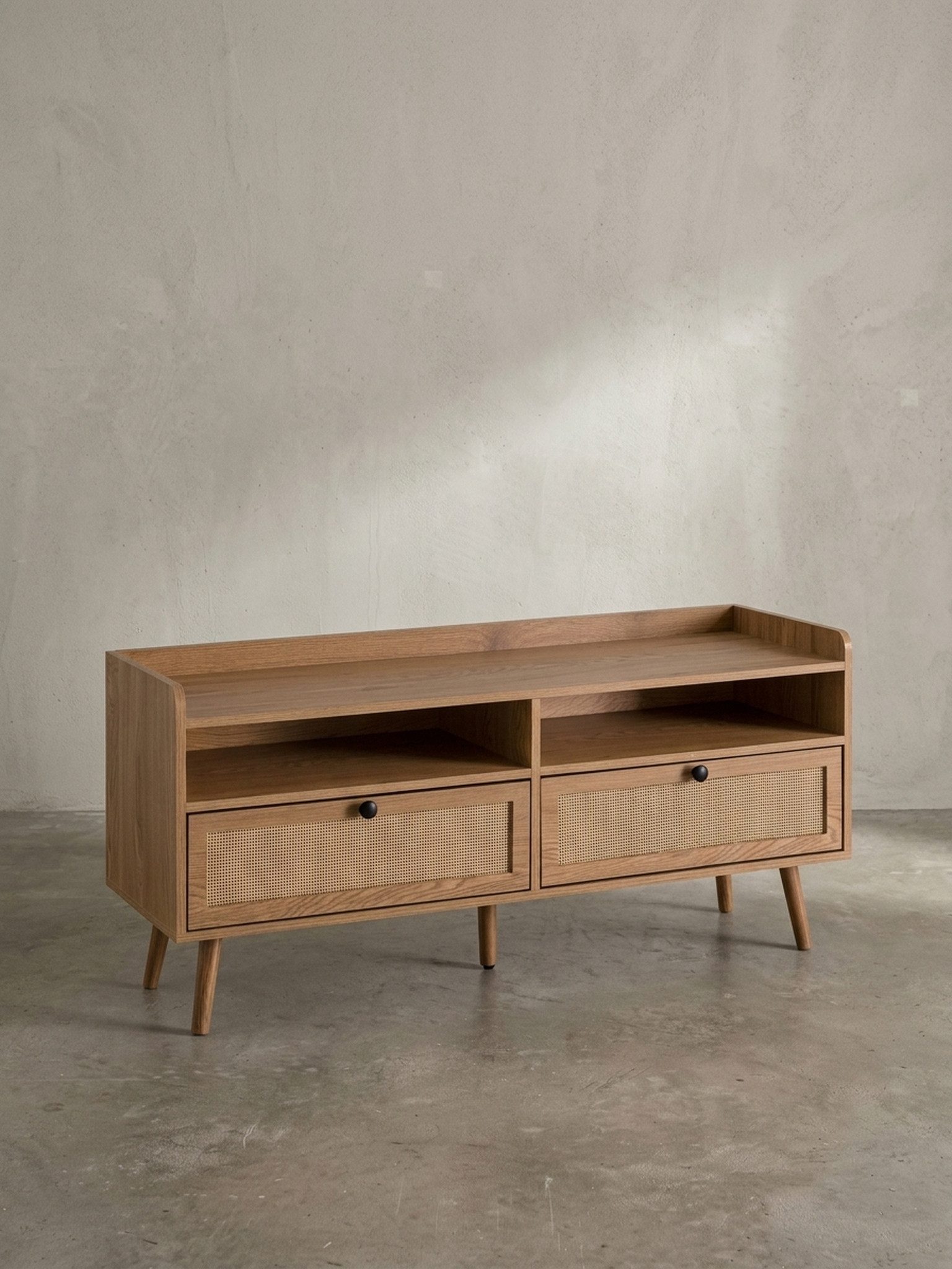 KADIMA DESIGN Lowboard Lowboard 120x56x39 cm TV-Kommode mit Eiche-Dekor & Rattan, Design (Fernsehkommode Wohnzimmer), TV-Schrank Hoch mit Schubladen, Fernsehtisch Fernsehschrank Stauraum