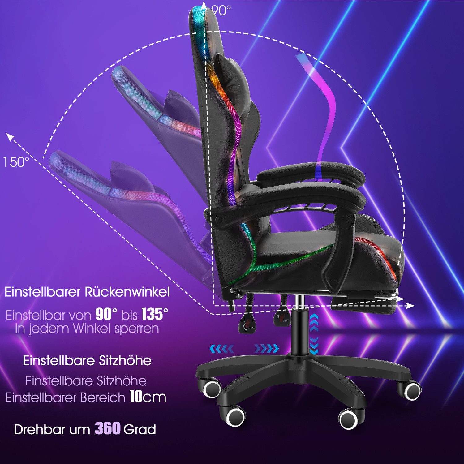 oyajia Gaming-Stuhl Gaming Chair LED, RGB Computerstuhl mit Fußstütze und Lendenkissen, Racing Gamer Stuhl Ergonomisch,mit Verstellbare Kopfstütze,Bürostuhl – Bild 5 von 5