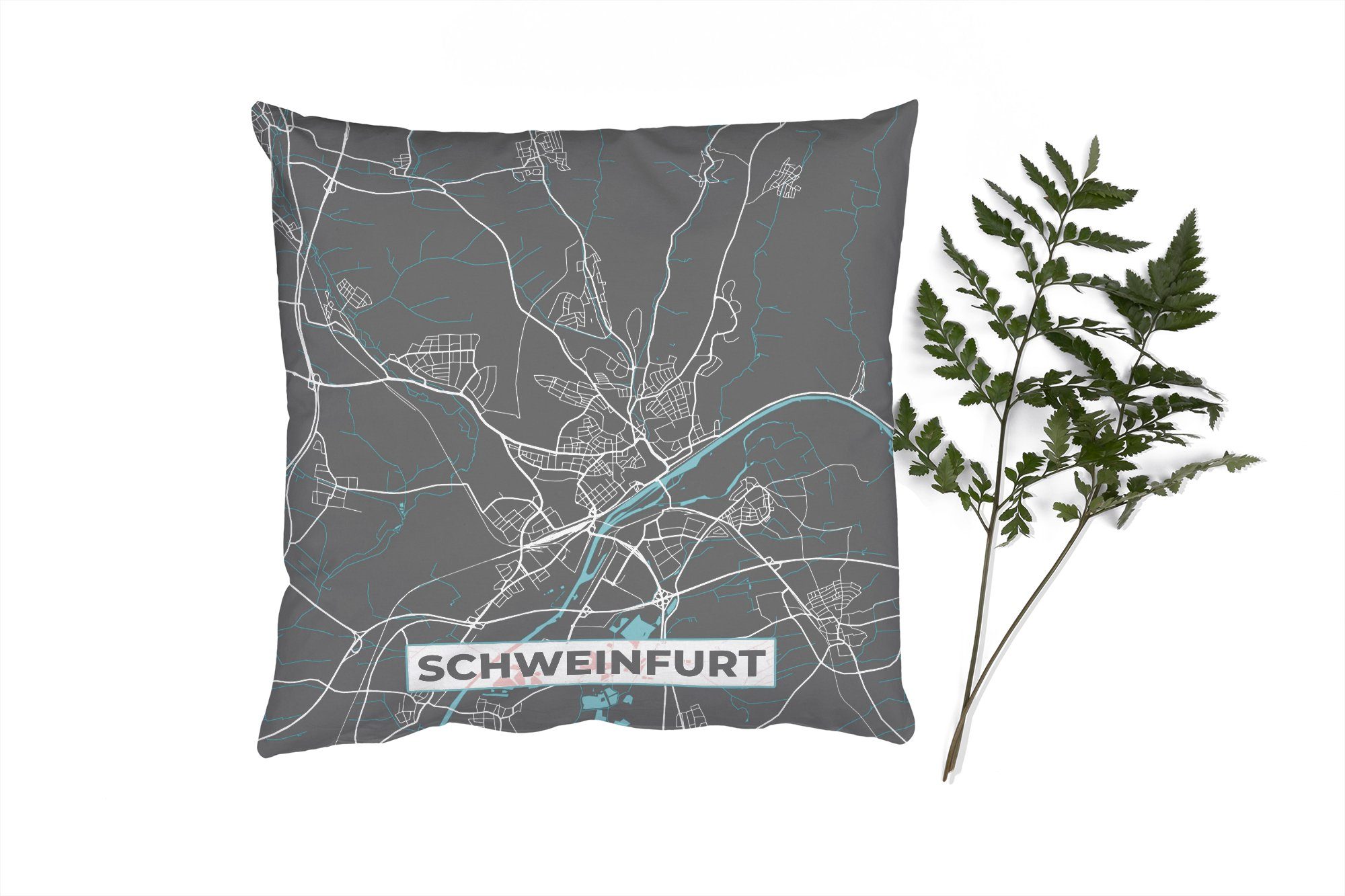 MuchoWow Dekokissen Deutschland - Blau - Schweinfurt - Stadtplan - Karte, Zierkissen mit Füllung für Wohzimmer, Schlafzimmer, Deko, Sofakissen