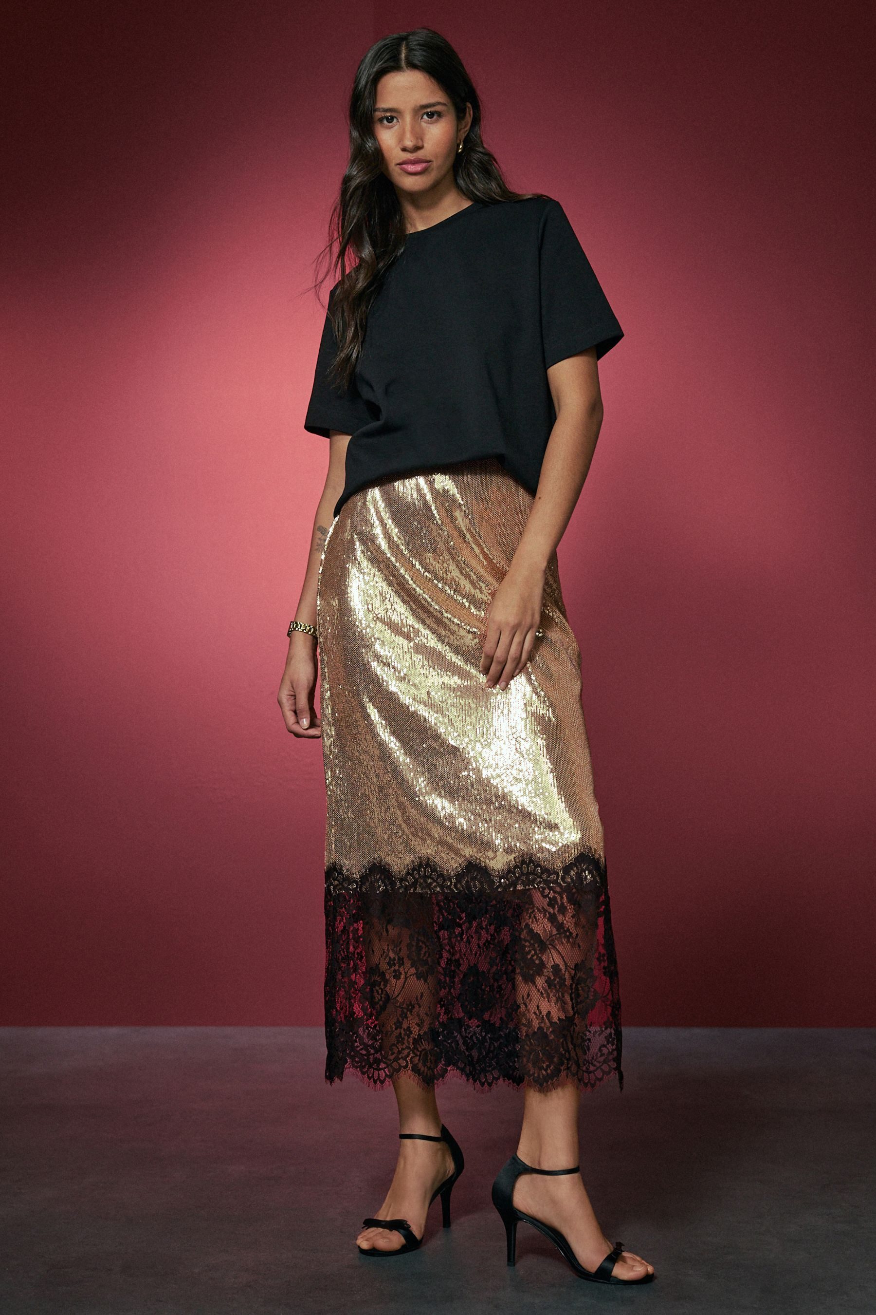 Next Midirock Pailletten-Midirock mit Spitzenbesatz (1-tlg)