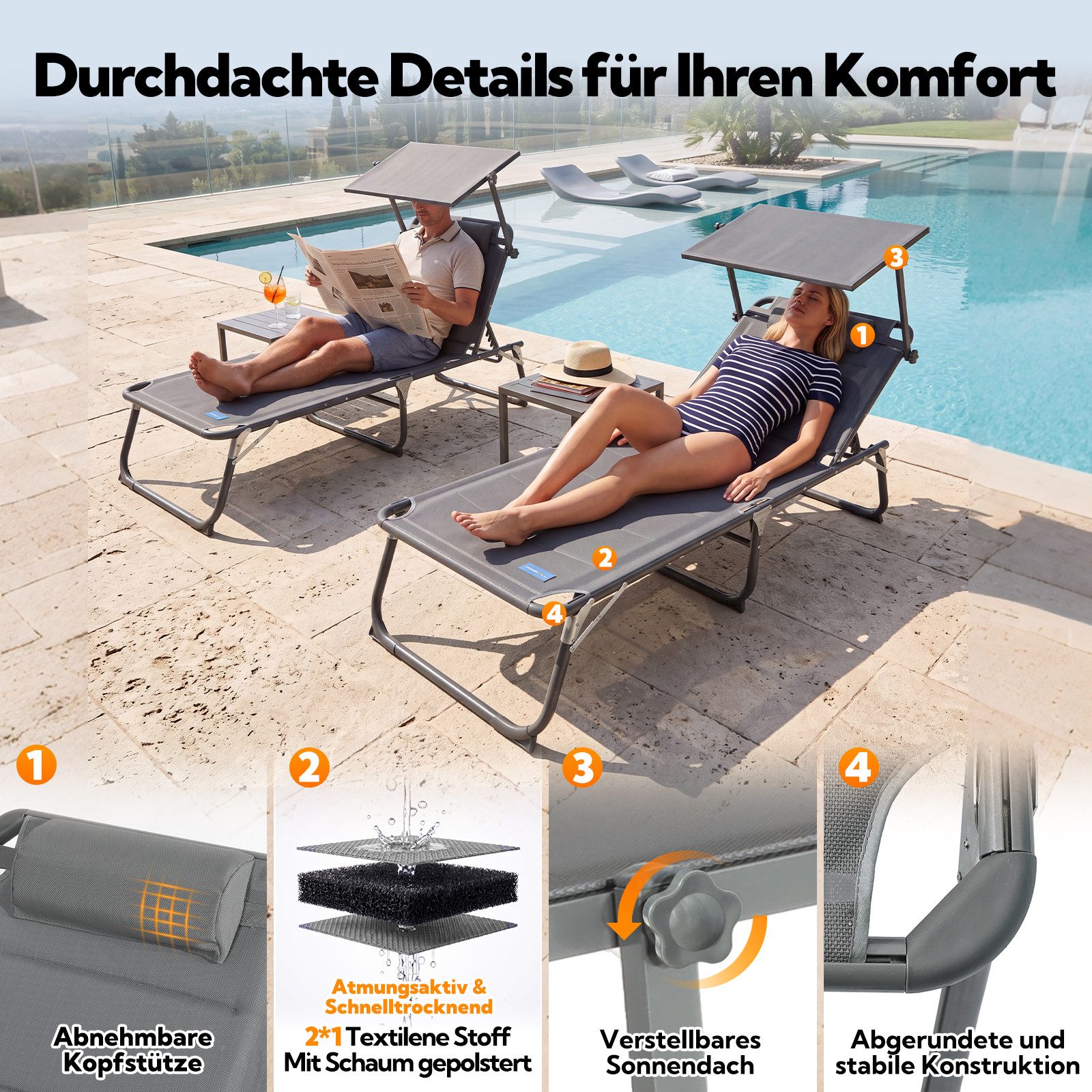 HOMECALL Gartenliege Sonnenliege AluLiege Liegestuhl Strandliege Liegen wetterfest, klappbar, Textilene Mit Dickemschnelltrocknende Schaumstoffpolsterung, Verst – Bild 5 von 5