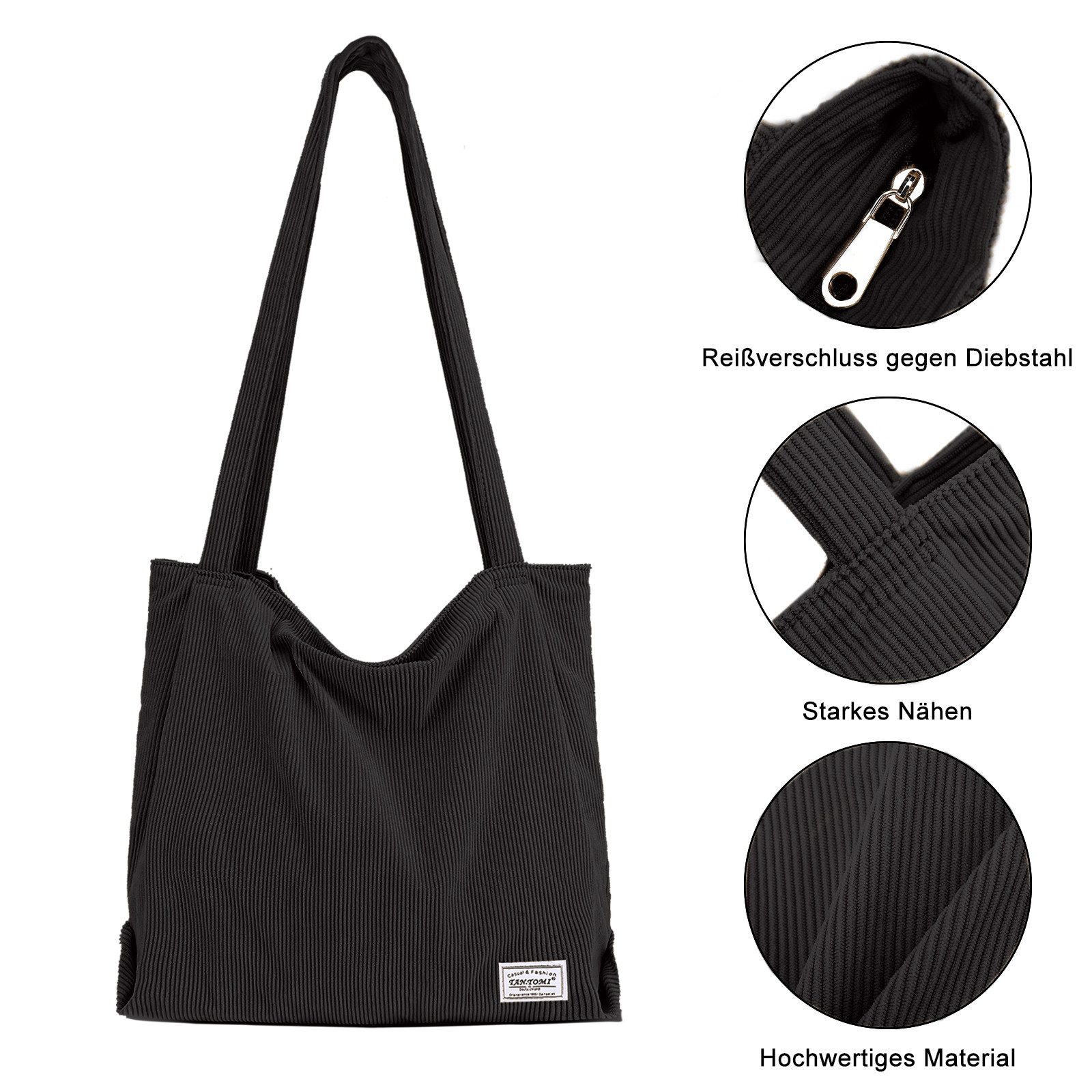 TAN.TOMI Shopper Tasche Damen Tote Bag mit Reißverschluss aus Cord Alltag, Shopper Damen Groß für Arbeit Büro Reisen Einkaufen Schule