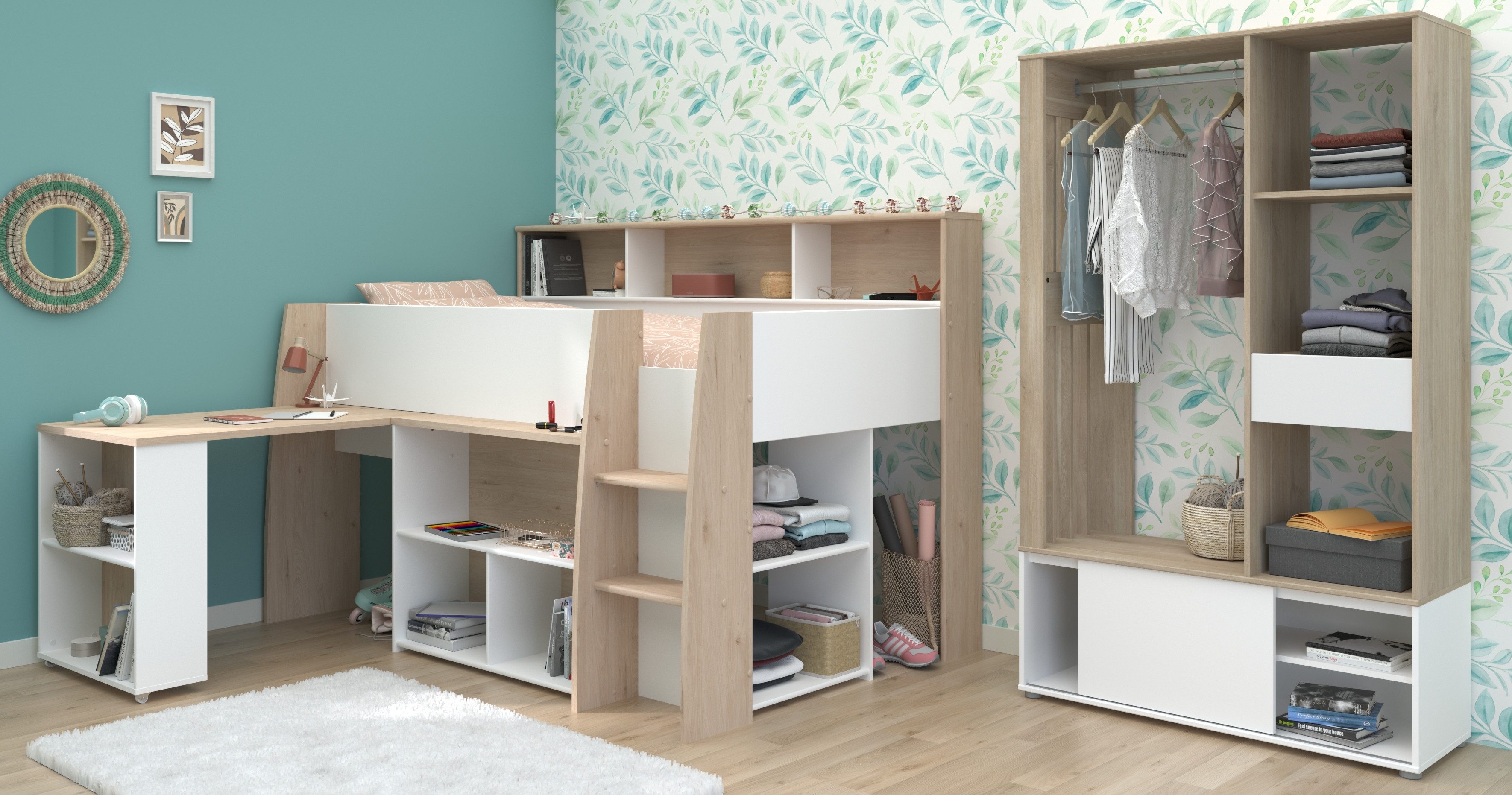Parisot Hochbett Lucas in Japanische Eiche und Weiß (Komplett Set, 2-St., in verschiedenen Varianten wählbar) integrierter Schreibtisch und Leiter