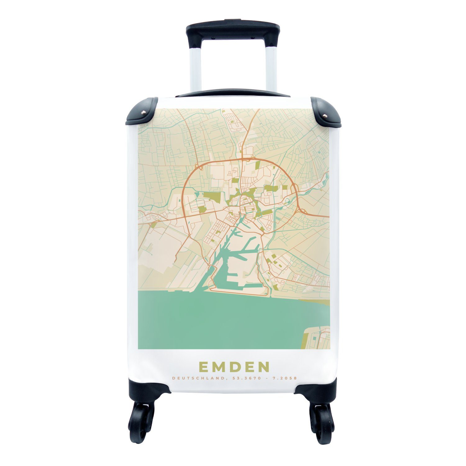 MuchoWow Handgepäckkoffer Emden - Karte - Stadtplan - Vintage, 4 Rollen, Reisetasche mit rollen, Handgepäck für Ferien, Trolley, Reisekoffer