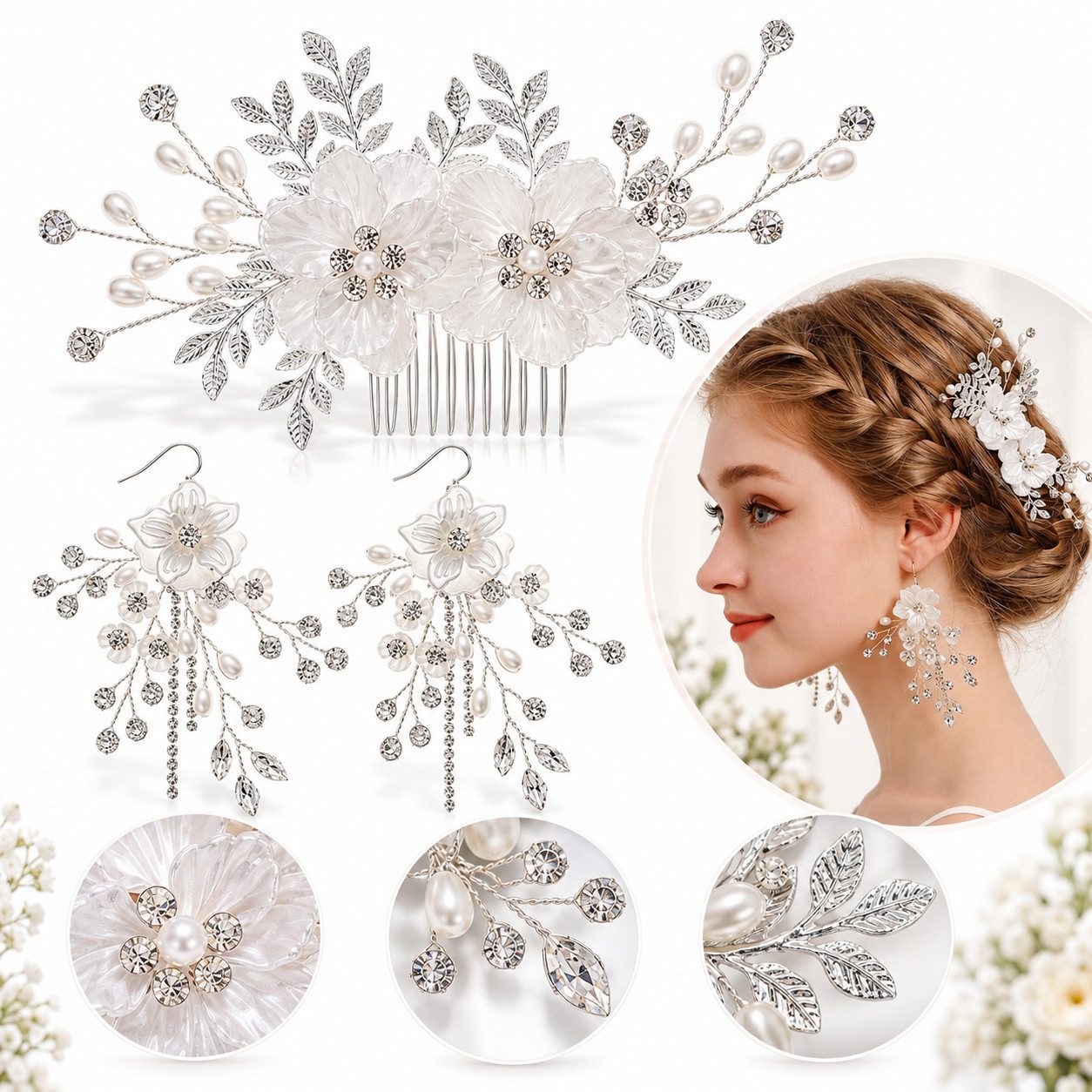 WowWoke Diadem Weißer Blumen Haarschmuck Ohrringe Braut Accessoires Haarkamm Set (1-tlg), Harmonisiertes Haar Ohrring-Set ideal für Hochzeit, Party Alltag
