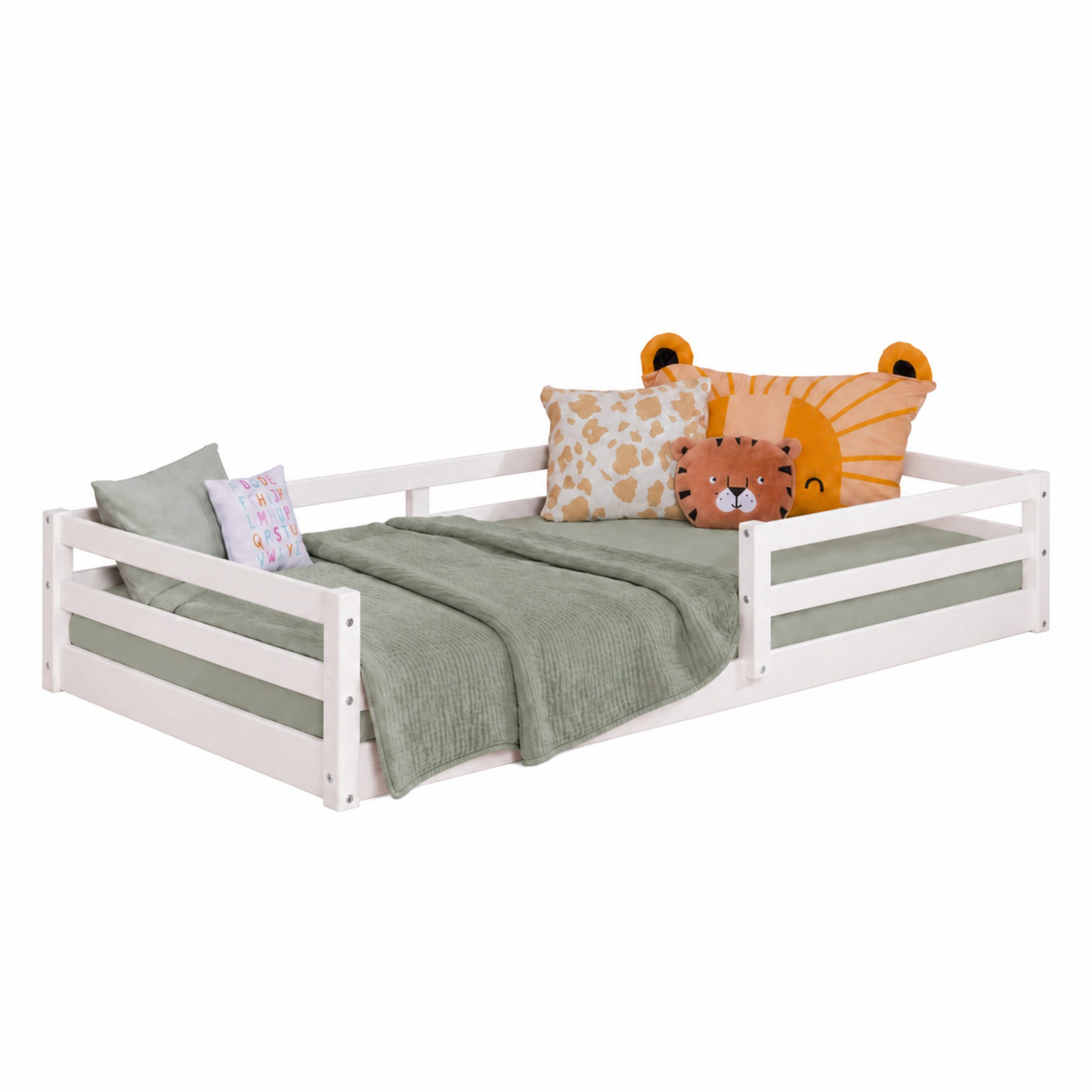 Ticaa Kinderbett Neo Hausbett Bodenbett mit Rausfallschutz 150kg (140x200 aus Kiefer Massivholz), inkl. stabilem Roll-Lattenrost, Weiß