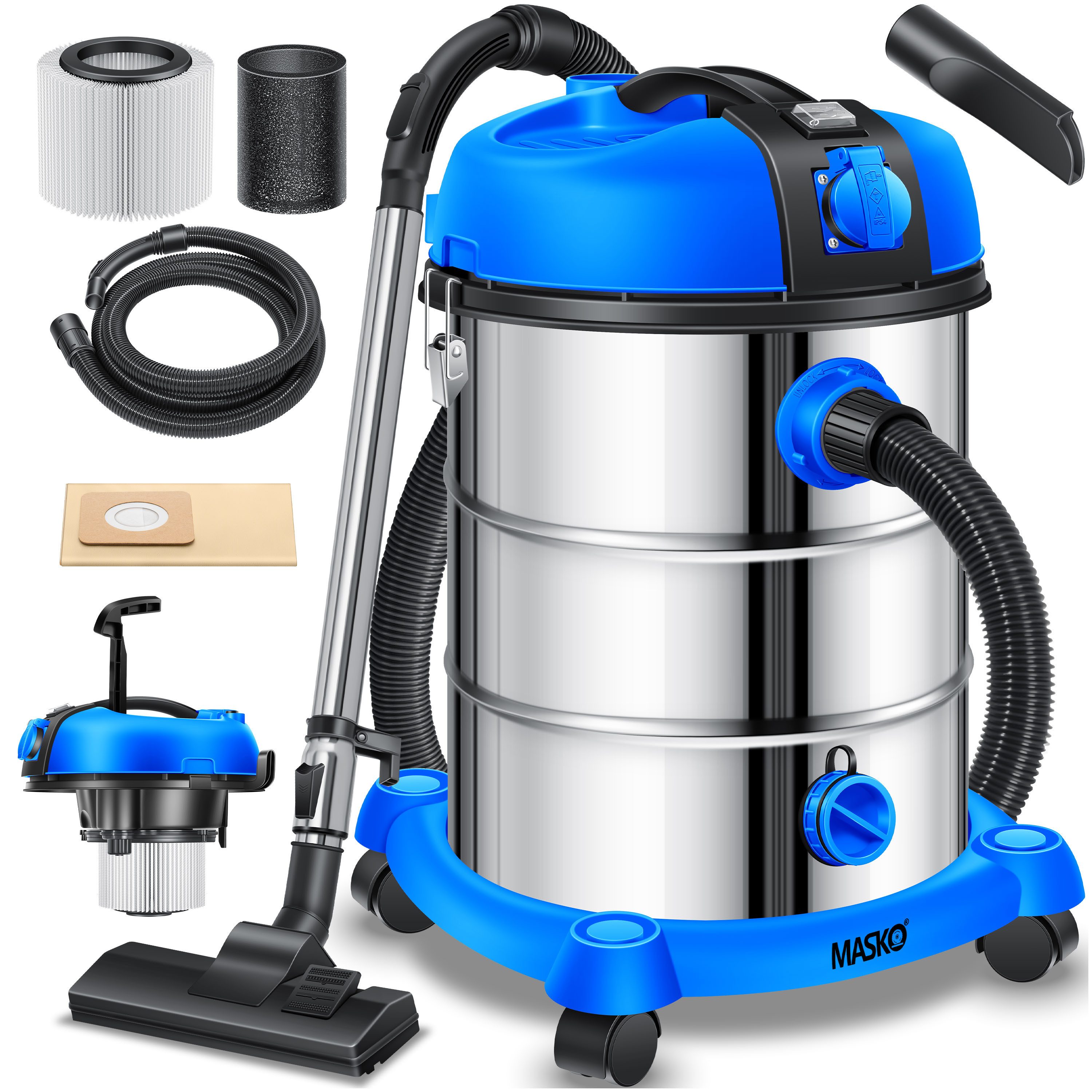 MASKO Industriesauger, 2300 W, Nass- & Trocken Saugen inkl. Beutel, HEPA Filter + Aufsätze