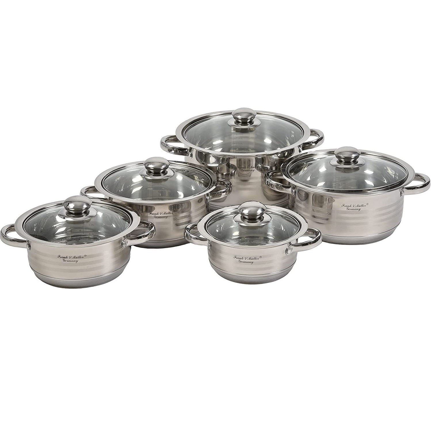 HOOZ Kochtopf Frank & Müler Topfset 5-teilig aus Edelstahl – induktionsgeeignet, Edelstahl (Topfset, 10-tlg., 5 Kochtöpfe mit Glasdeckeln: 1,6 l, 2,3 l, 3,1 l, 4,2 l, 6,3 l), Induktionsgeeignet, Thermoboden, innenliegende Messskala