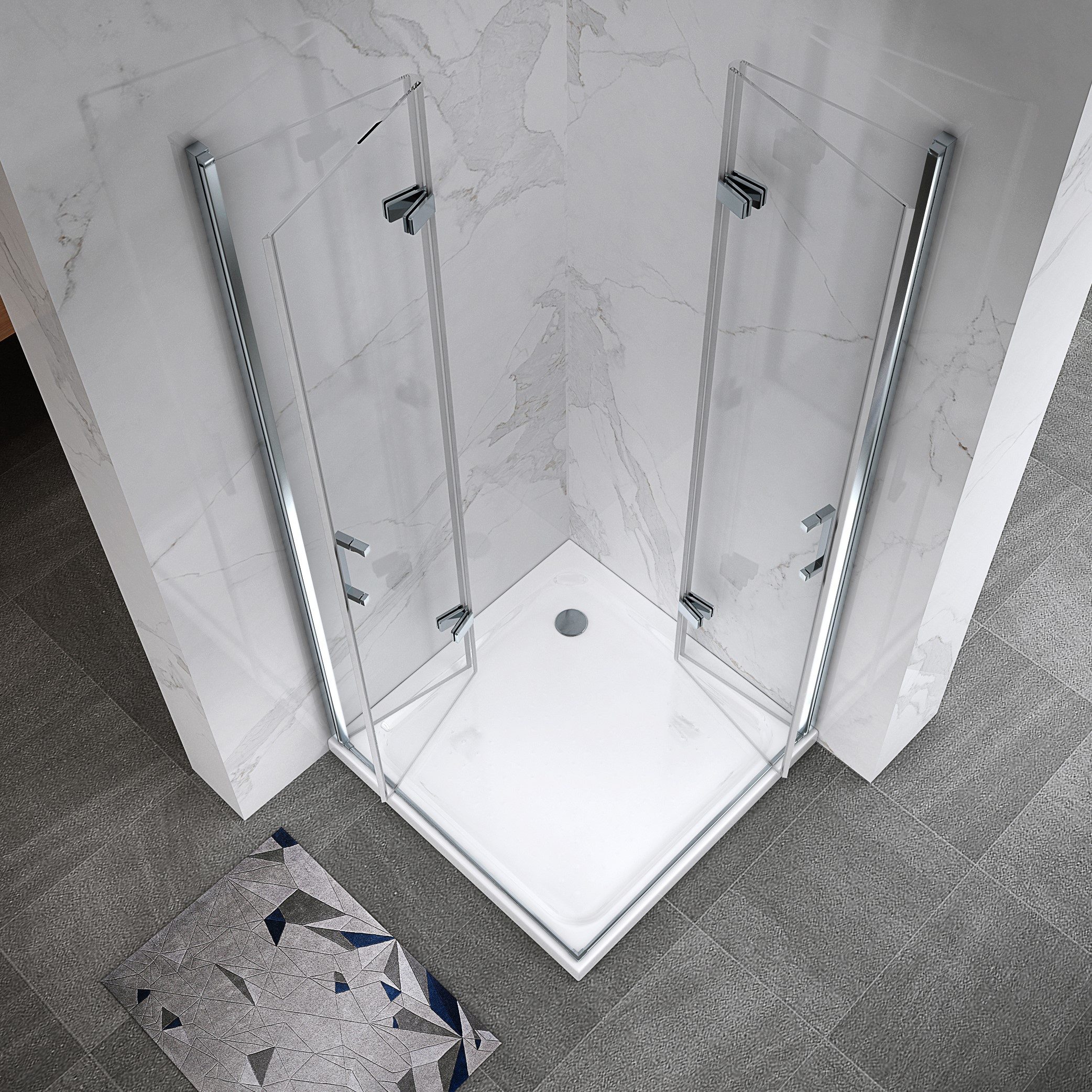 i-flair Eckdusche Falttür Duschkabine MATILDE aus durchsichtigem 6 mm Sicherheitsglas, BxT: 70x70 cm, Einscheibensicherheitsglas, ohne Duschtasse, mit hochwertigen Aluminiumprofilen in silber, ebenerdiger Einbau möglich, mit Falttüren